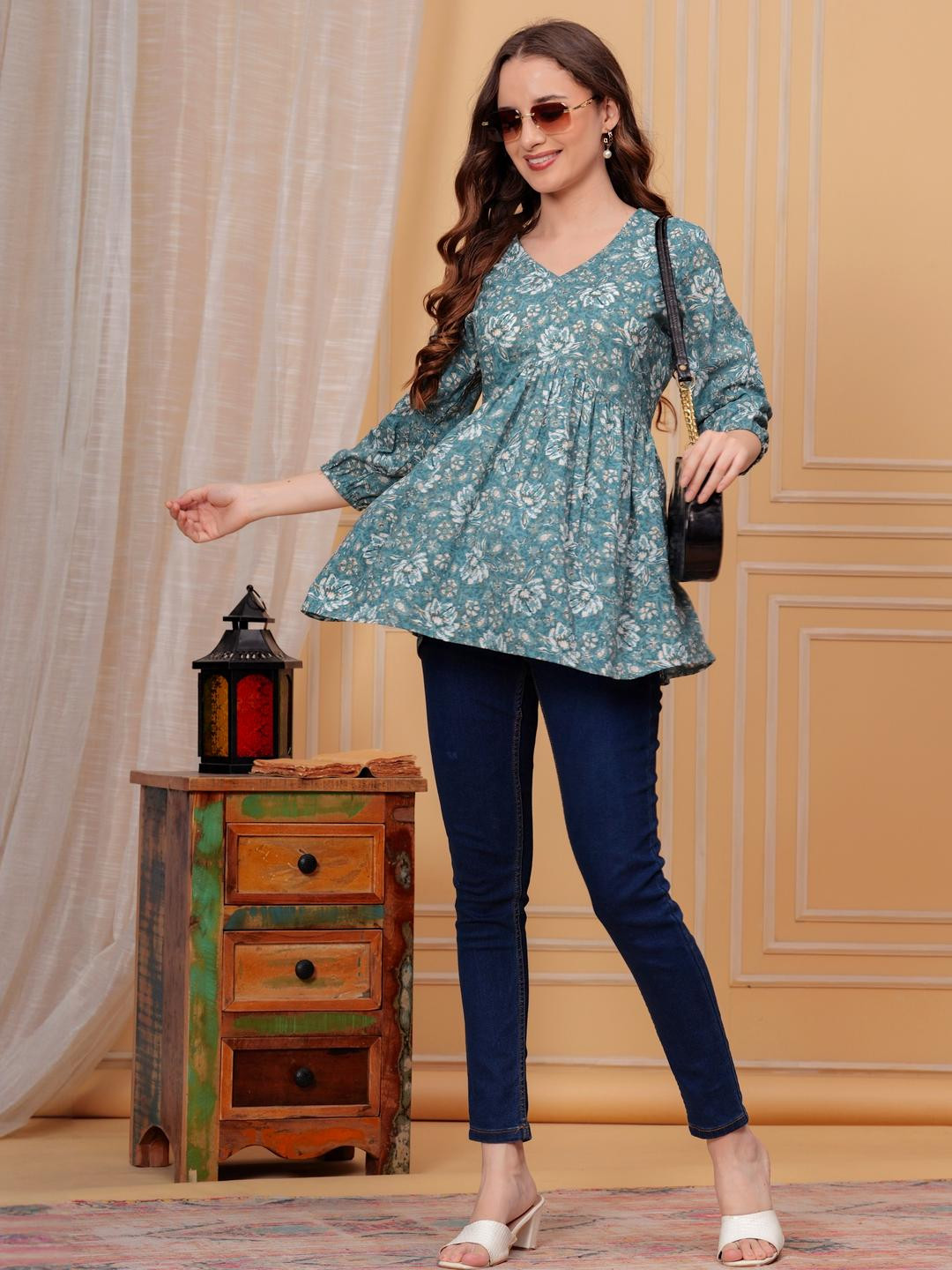 PIROKI Women Blue Floral Print Cotton Top