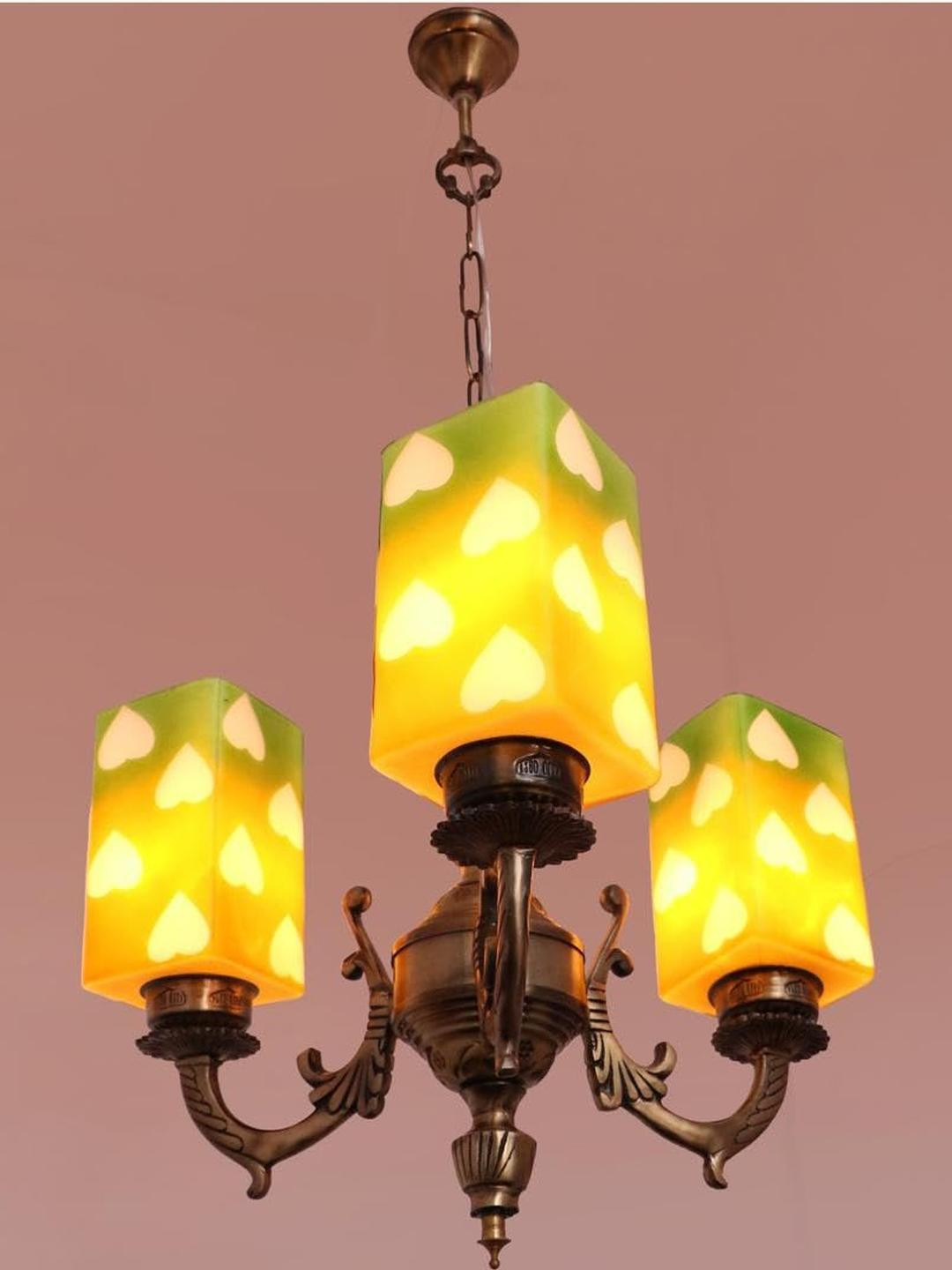 Somil Antique 3-Light Chandelier with Glass Shades, Brown, Green and White Lighting Effect, Metal Fitting. LED Compatible. Dia: 48 X 48 X 100 Cm.