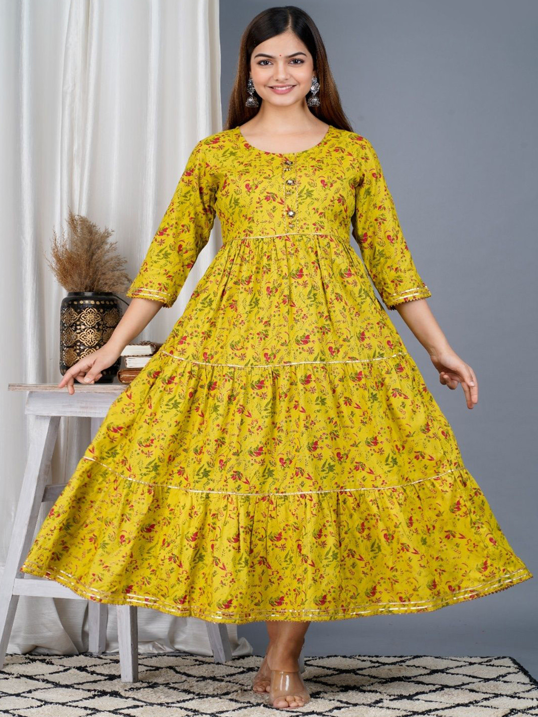 SIPET Floral Printed Round Neck Patchwork Anarkali Kurta