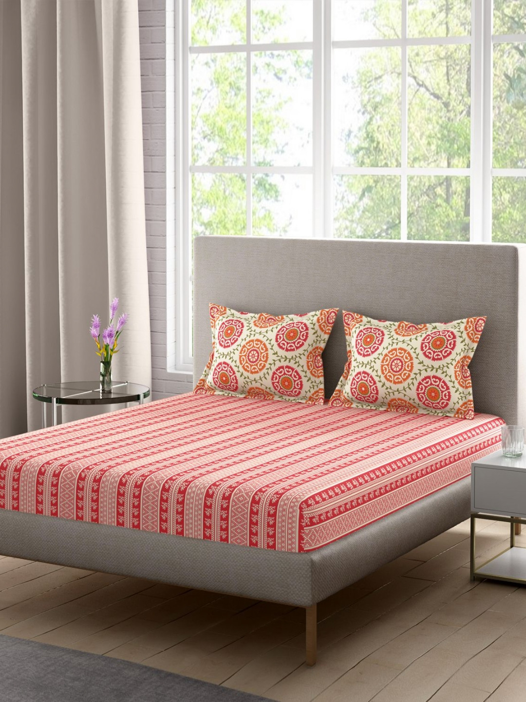 Portico Celestia Pink & White Striped Cotton 140 TC Queen Bedsheet Set 2.24 m x 2.54 m