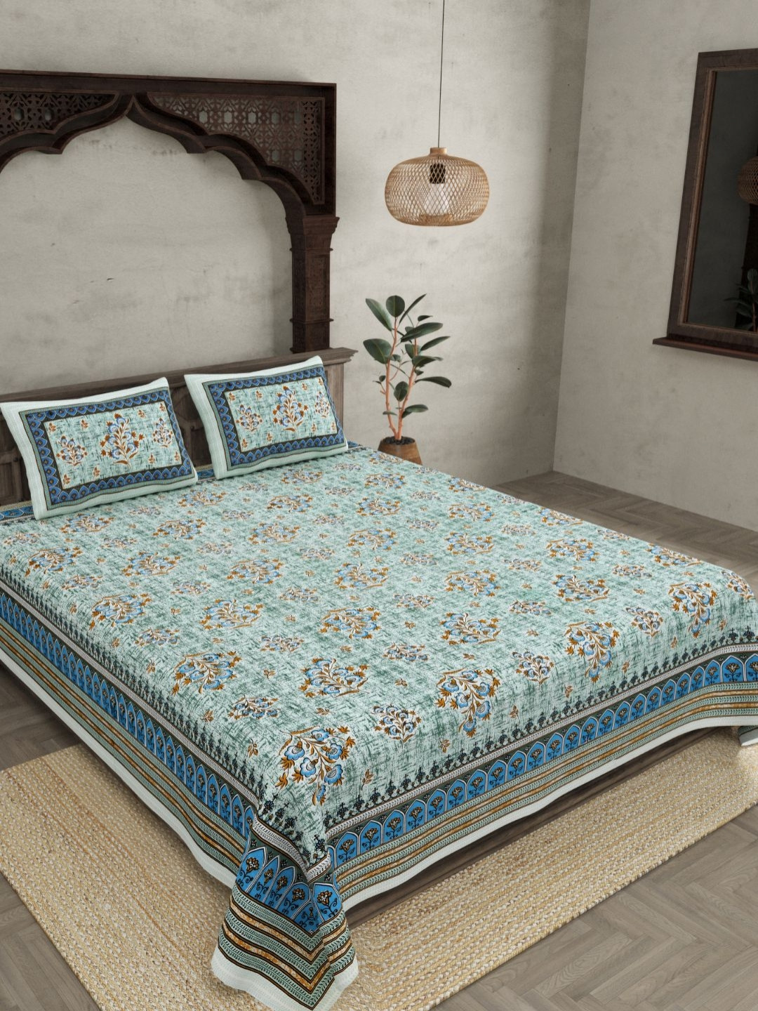 BED-SHEET.COM Blue Breathable Floral Printed Cotton 180TC King Bedsheet Set 2.74M X 2.28M
