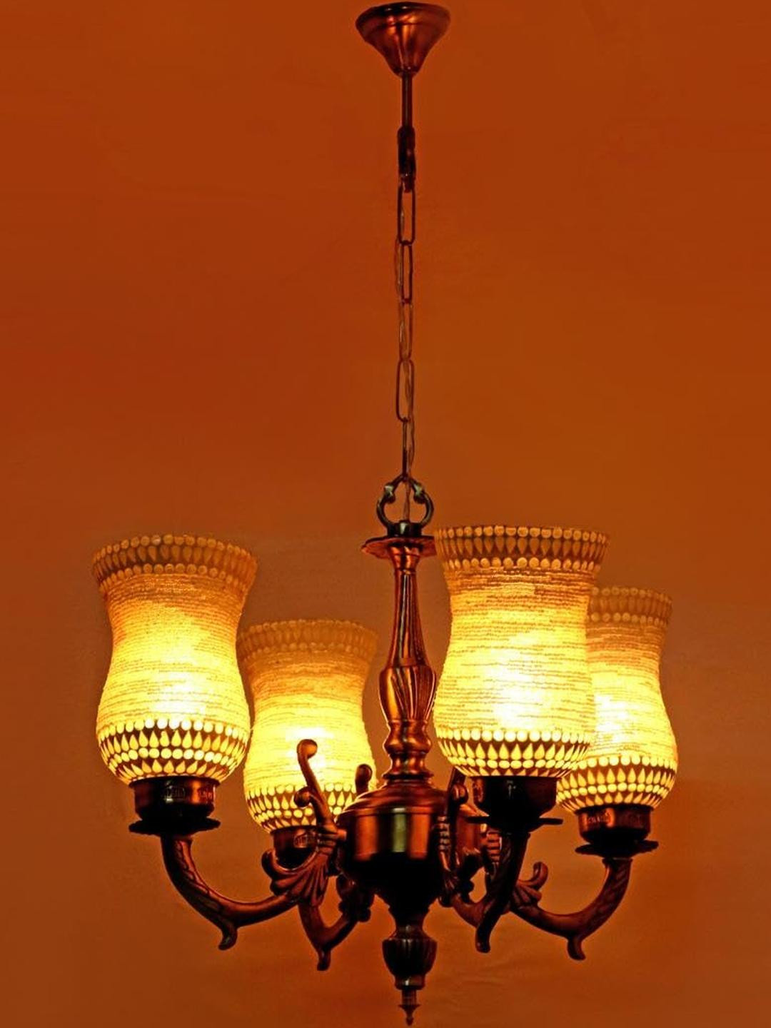 Somil Antique 4-Light Chandelier with Mosaic Glass Shades, Grey and White Lighting Effect, Metal Fitting. LED Compatible. Dia: 48 X 48 X 100 Cm.