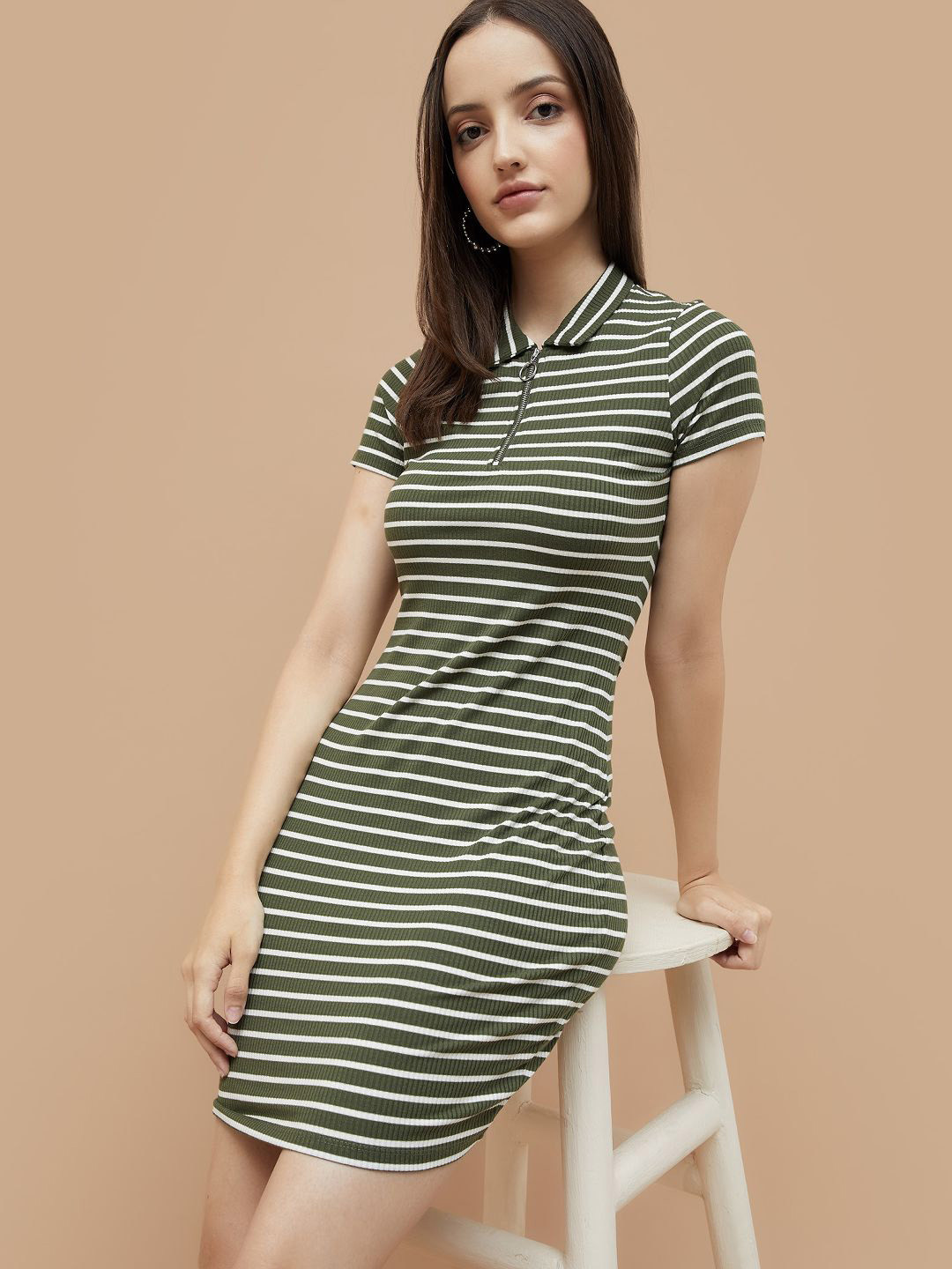 Ginger by Lifestyle Women Striped Shirt Collar Short Sleeve T-shirt Dress