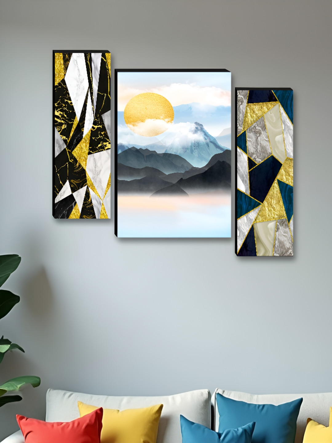 Livin'luxe White & Yellow 3 Pieces Geometric Marble Printed Wall Arts