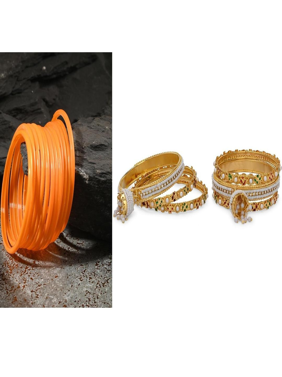 SOMIL Set Of 14 Orange Alloy Artificial Stones and Beads Antique Bangles