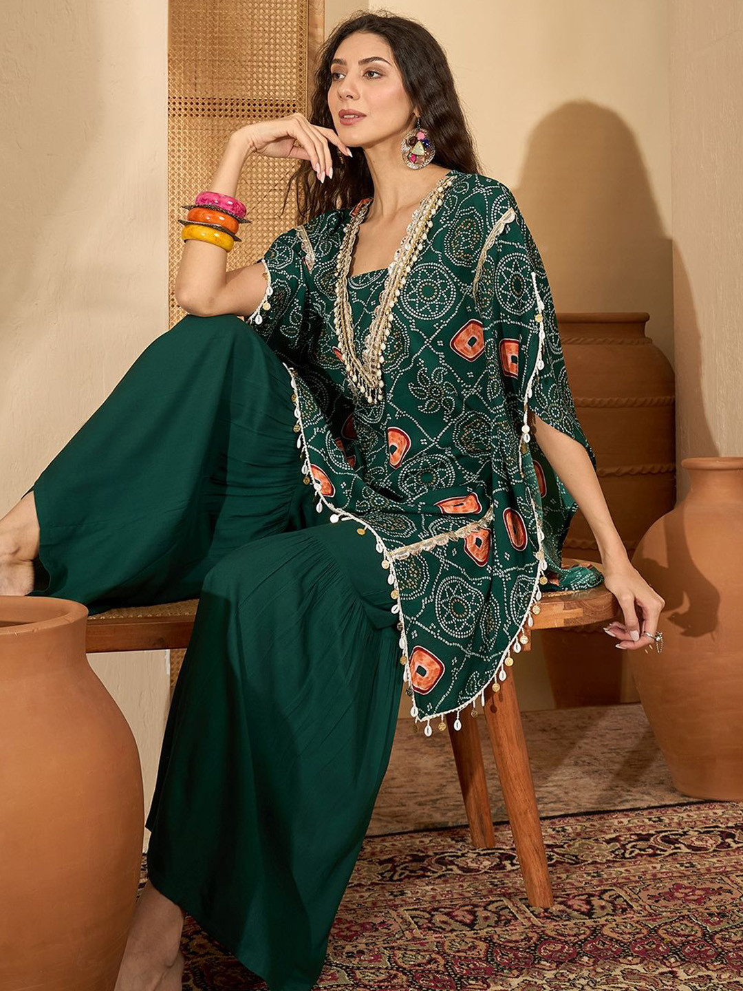 Sangria bandhani Printed Square Neck Beads And Stones Kaftan Kurti With Sharara