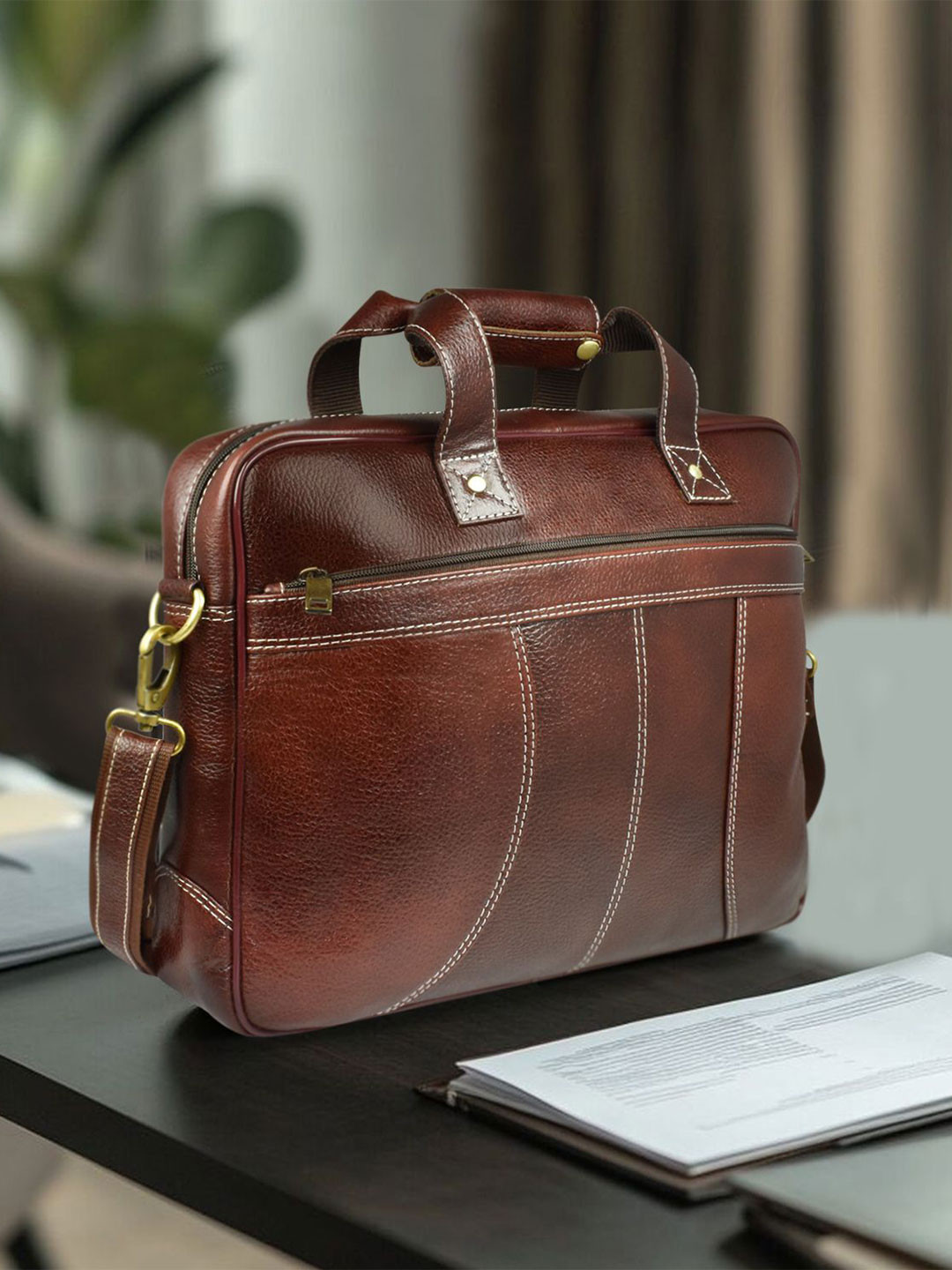 Ajanta Men Leather Laptop Bag With Detachable Sling Strap