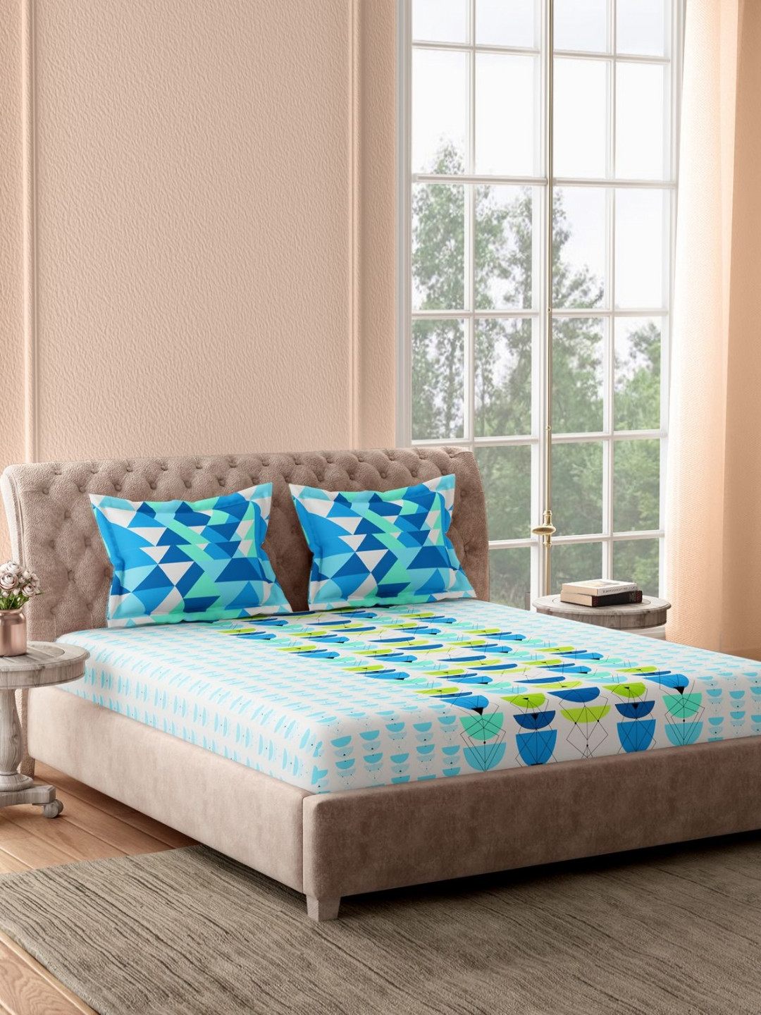 Portico Calmora White & Blue Abstract Cotton 144 TC Double Queen Bedsheet Set-2.24mX2.54m