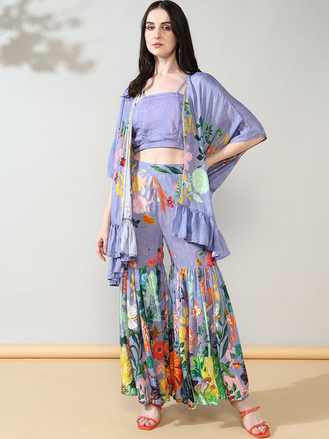 House of Kaftan Printed Shoulder Strap Crop Top With Shrug & Sharara Co-Ords Set