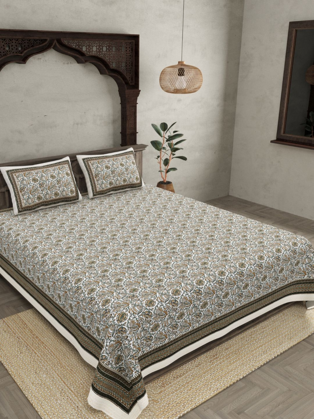 BED-SHEET.COM White & Brown Floral Printed 180 TC King Cotton Bedsheet Set 2.74 m x 2.28 m