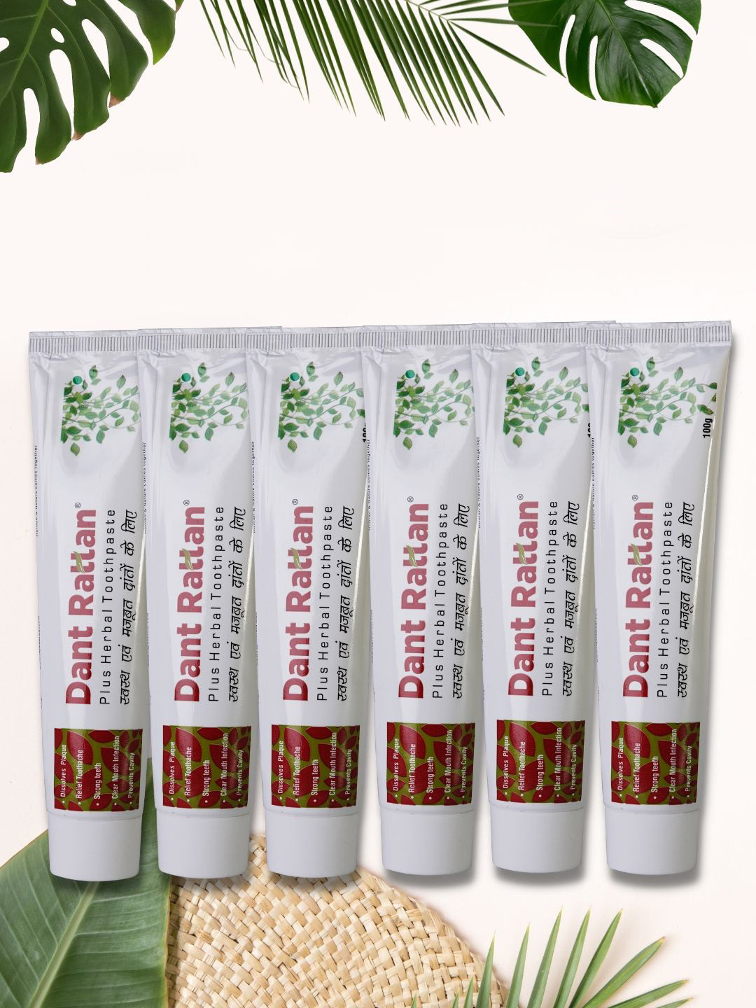 DANT RATTAN Set Of 6 Plus Herbal Toothpaste With Ashwagandha - 100 g Each