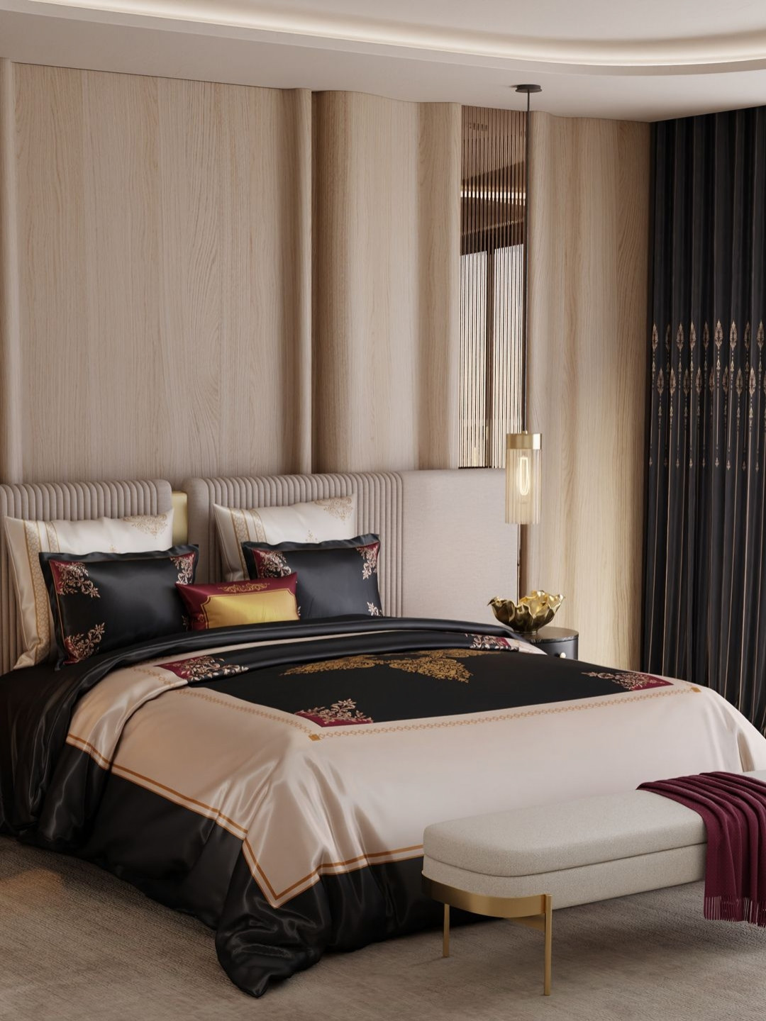 Stoa Paris Black & Cream-Coloured Ethnic Motifs Other 9 Piece Double Extra Large Superfine Bedding Set