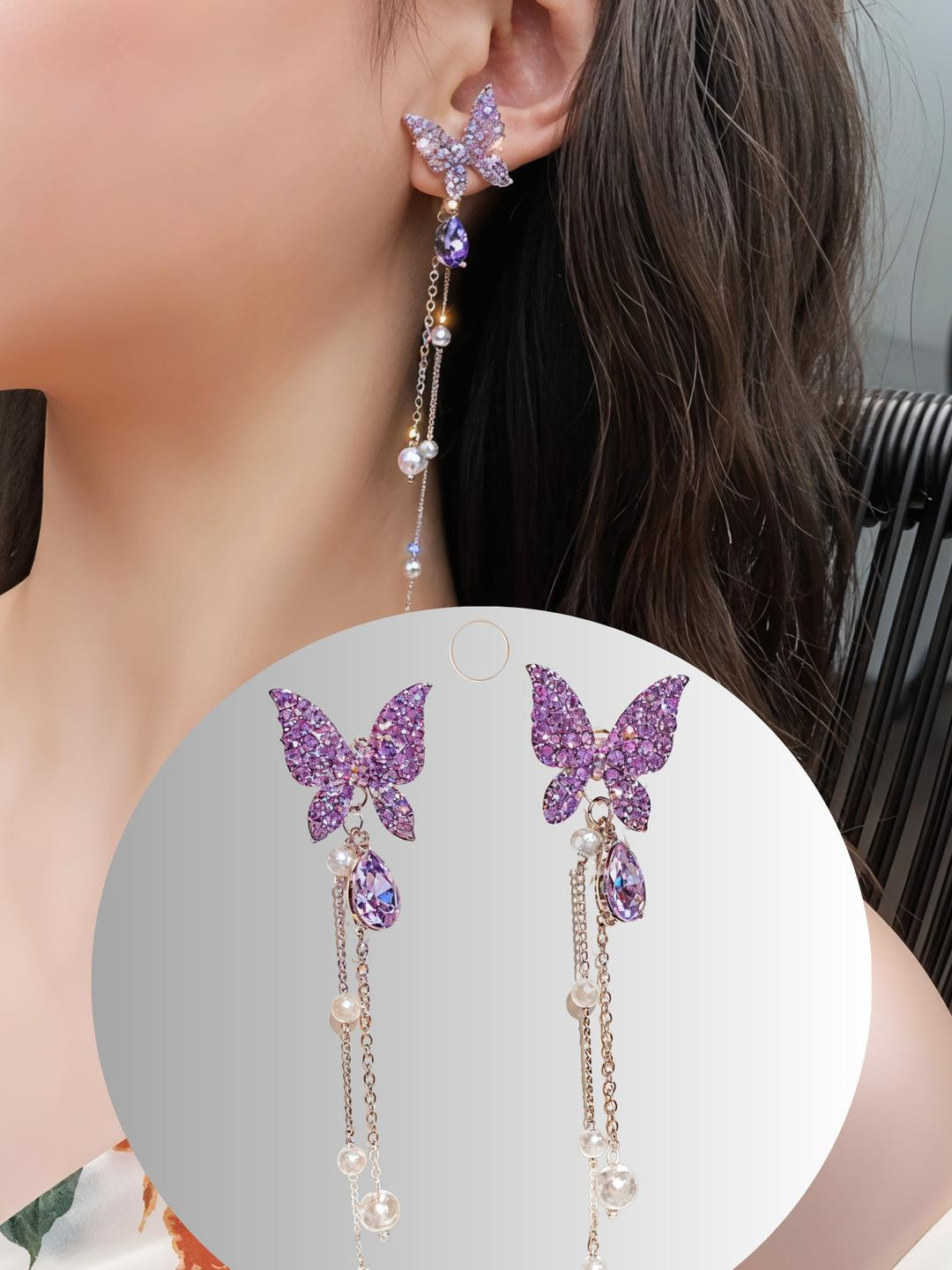 Zircon Butterfly Tassel Earrings for Women | Rhinestone Butterfly Drop Earrings
