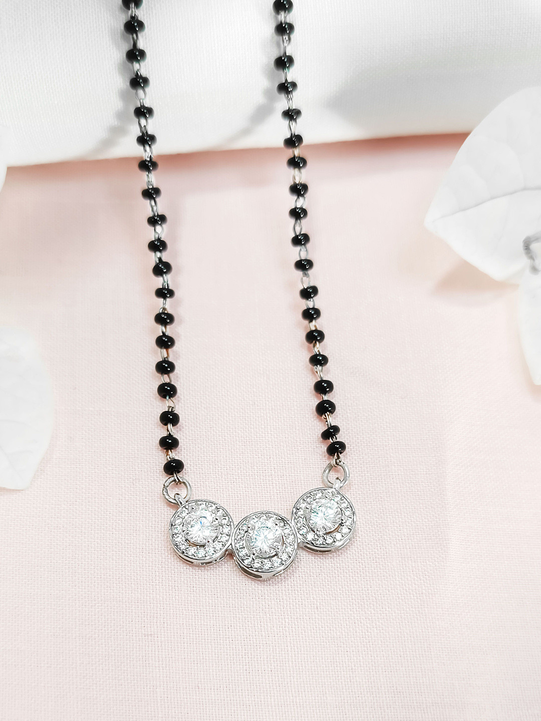 INARI SHINES 925 Silver Rhodium-Plated Tri Round Halo Pendant Mangalsutra