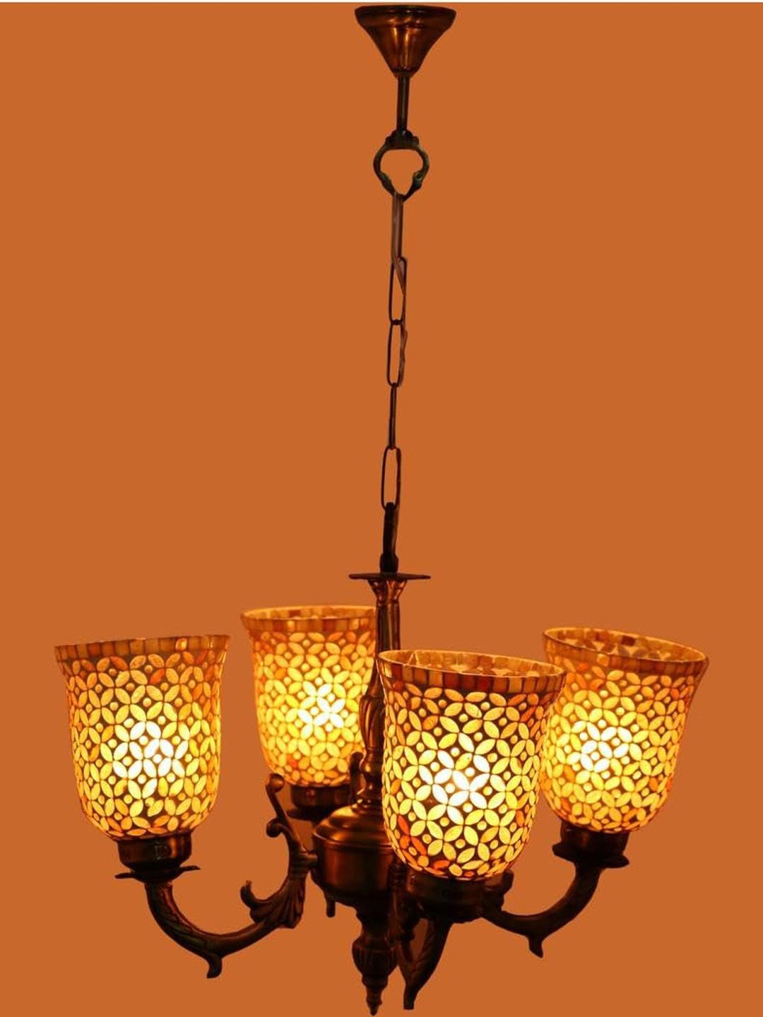 Somil Antique 4-Light Chandelier with Mosaic Glass Shades, Gold and White Lighting Effect, Metal Fitting. LED Compatible. Dia: 48 X 48 X 100 Cm.