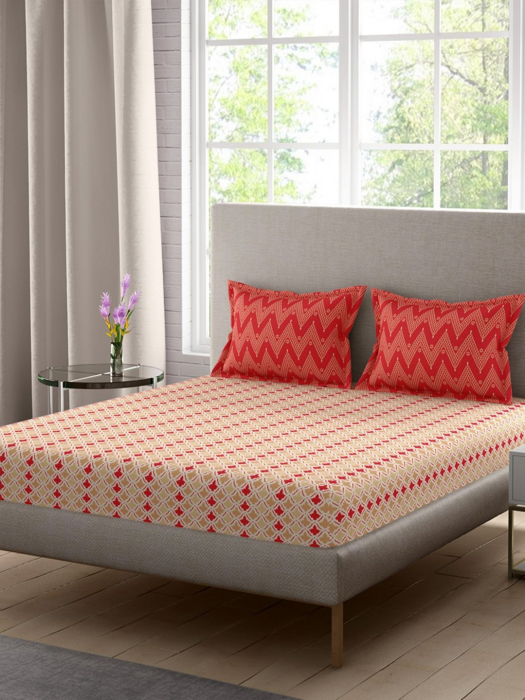 Portico Celestia Peach-Coloured & Red Cotton 136 TC Double Queen Bedsheet Set-2.24mx2.54m