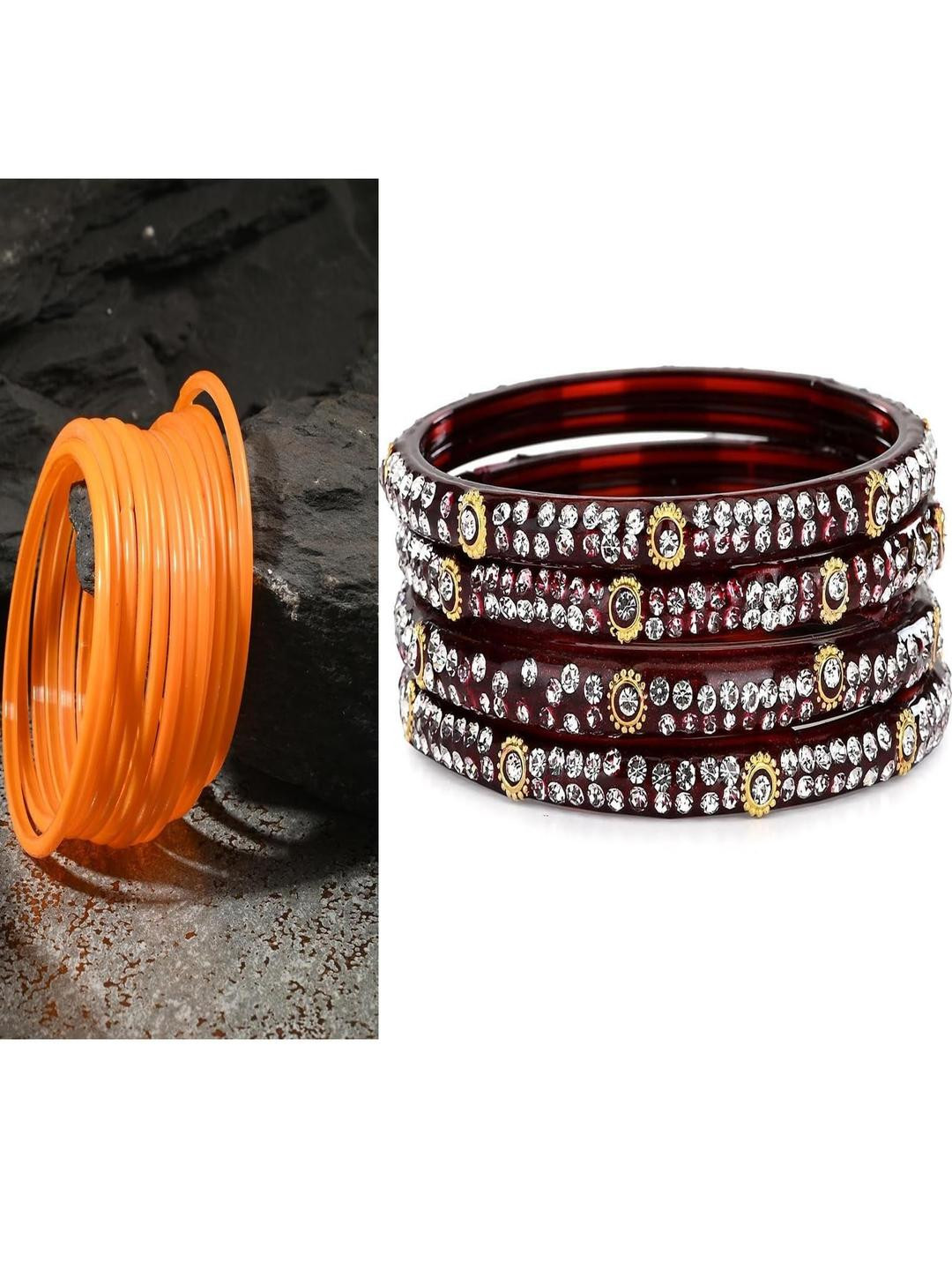 SOMIL Set Of 16 Orange Artificial Stones and Beads Alloy Bangles