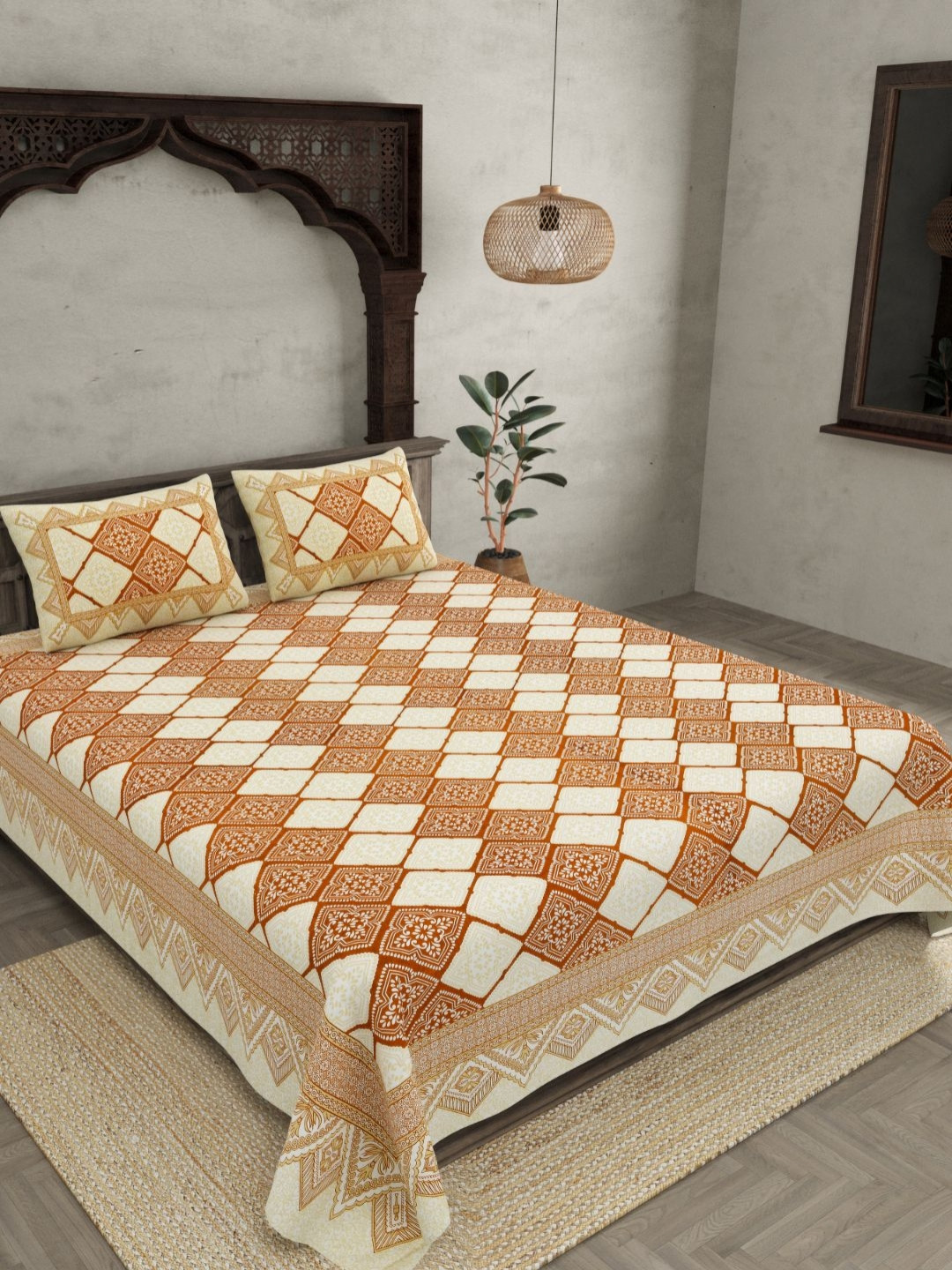 BED-SHEET.COM Canary Brown & Cream Colored Printed Cotton 180TC King Bedsheet 2.74 x 2.28m