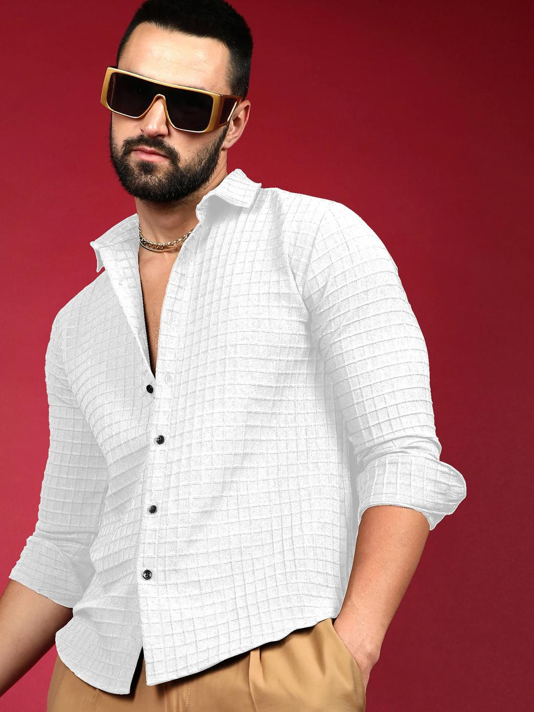 SZN Men White Grid Tattersall Checks Casual Shirt