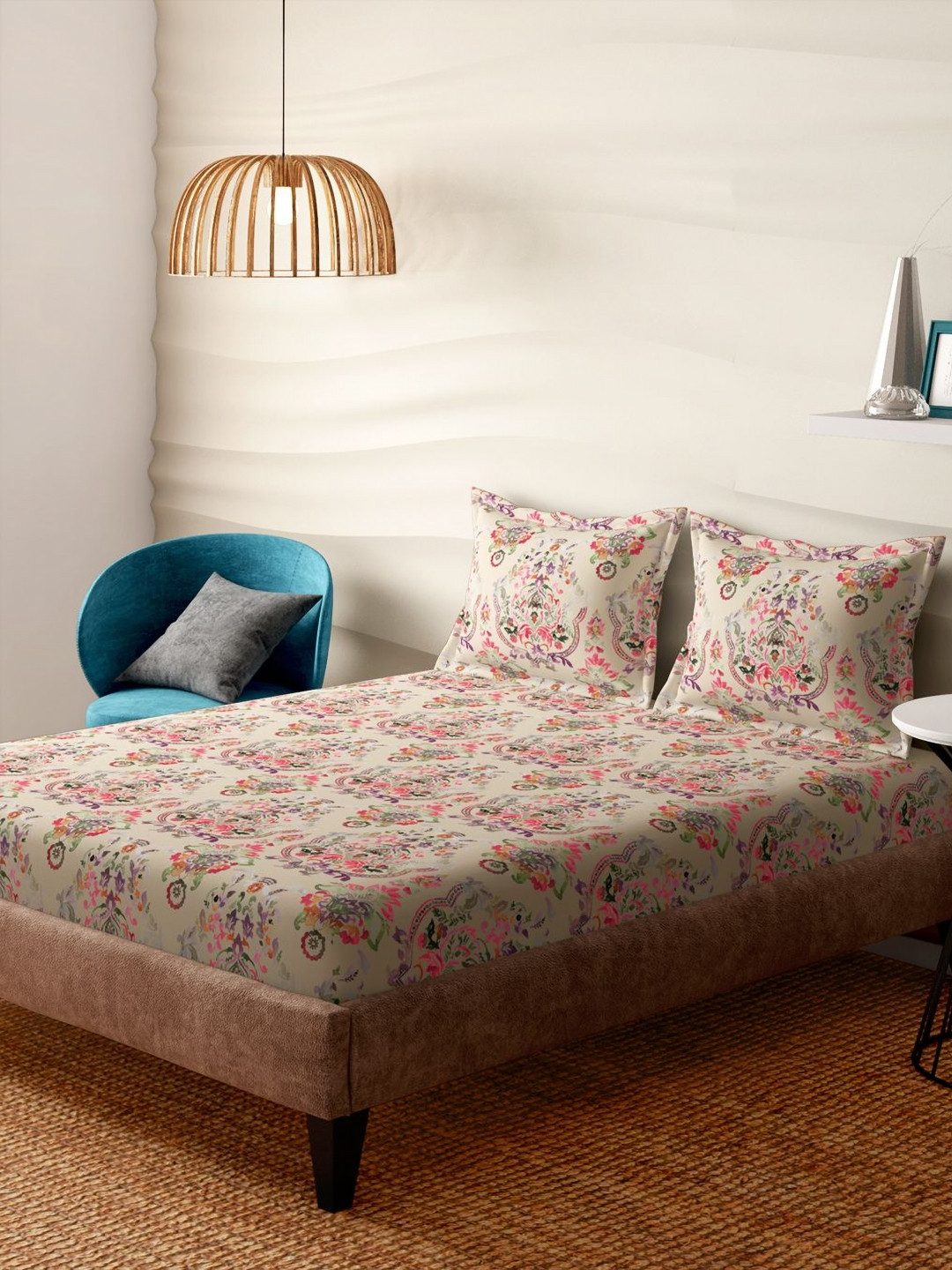 Portico Fantasy Bloom Cream-Coloured Floral Cotton 600 TC King Bedsheet Set-2.74mx2.74m