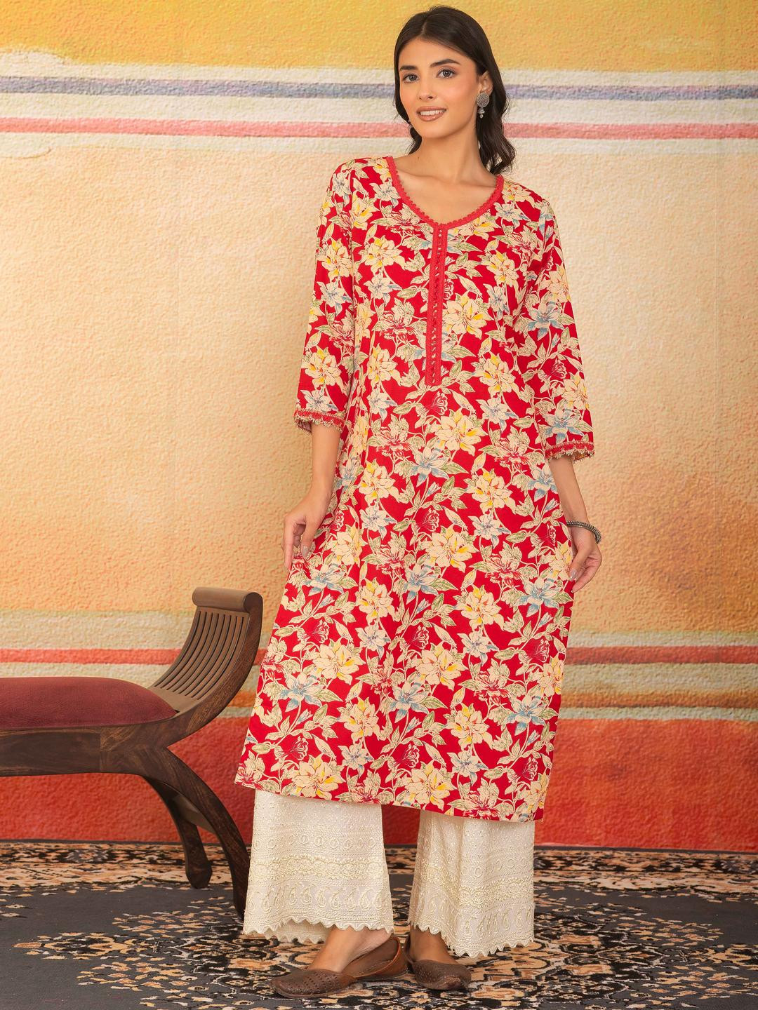 Pure Cotton V Neck Aari Work Floral Printed Straight Knee Length Kurti for Women's