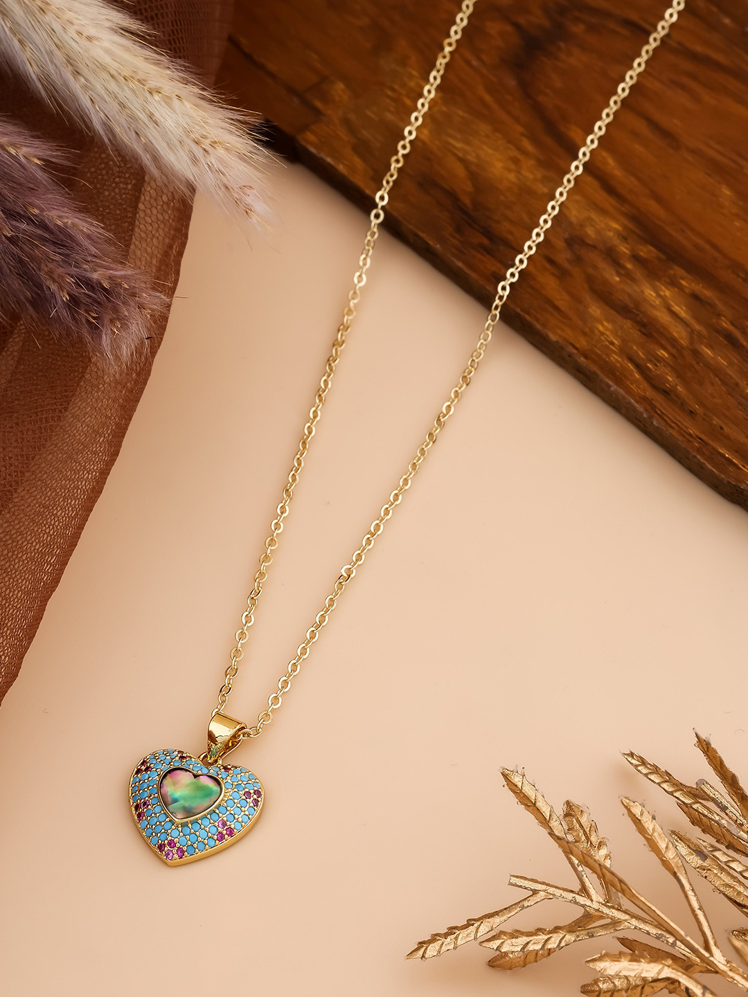 QUERALT Stainless Steel Stones Studded Heart Shaped Pendant With Chain