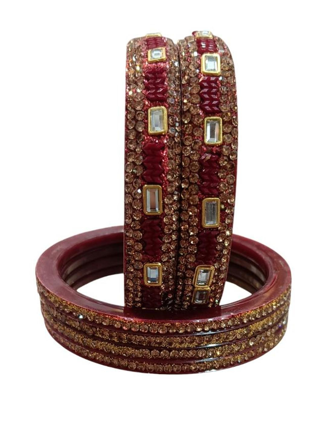 Nari Nakhre Set Of 6 Red Alloy Artificial Stones and Beads Brass Bangles
