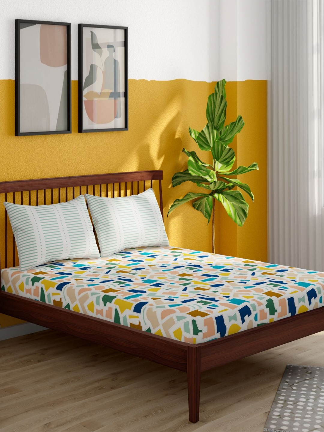 Portico Pixelpop White & Yellow Abstract Cotton 152 TC King Bedsheet Set-2.24 m x 2.74 m