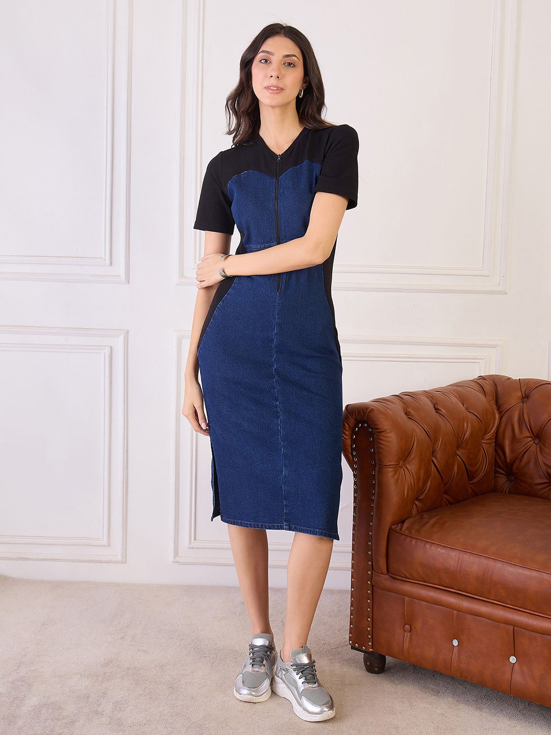 Orchid Blues Colourblocked Denim Bodycon Dress