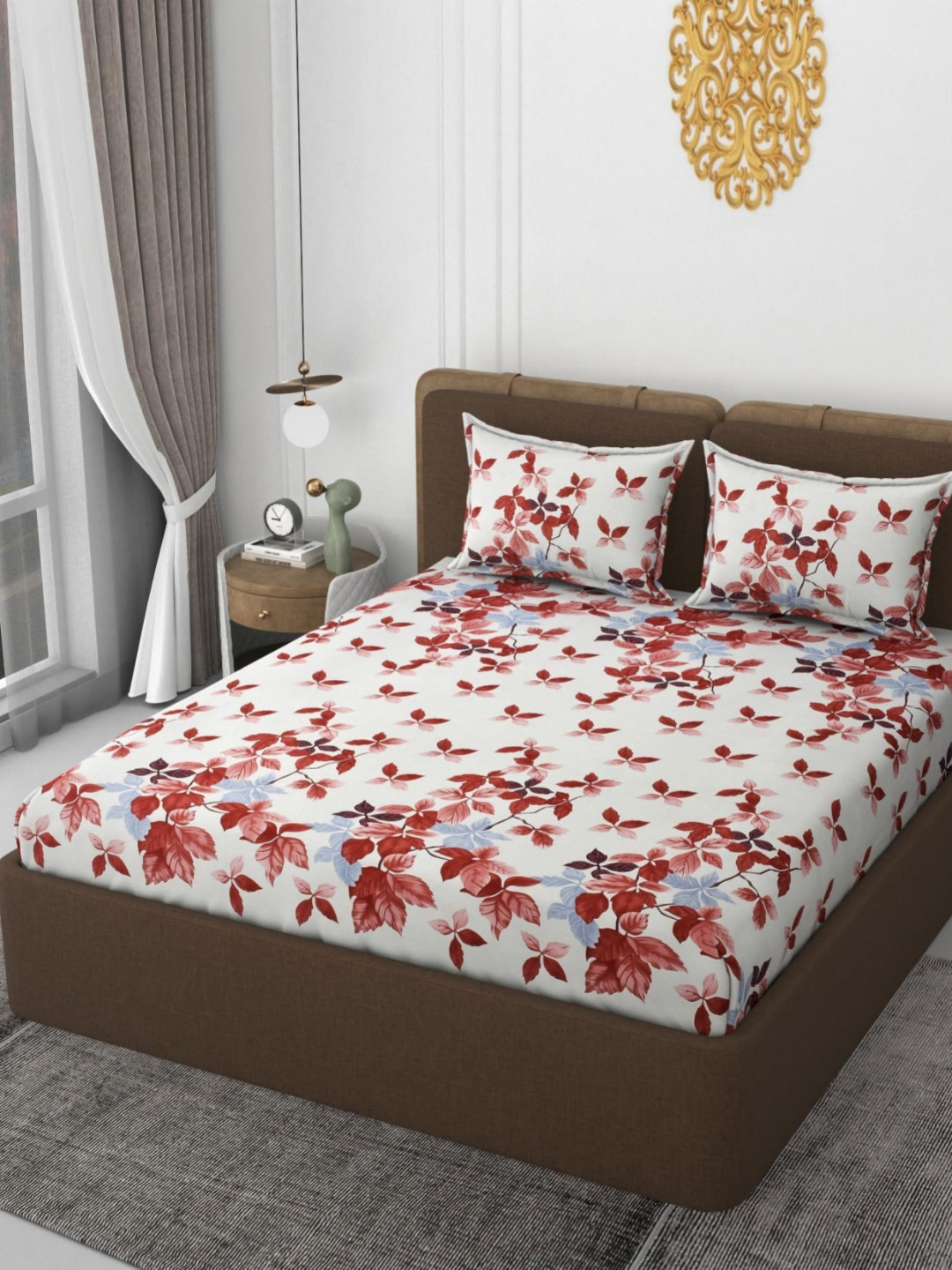 VOMZER White & Rust 300 TC Queen Bedsheet Set - 1.98 m x 1.52 m