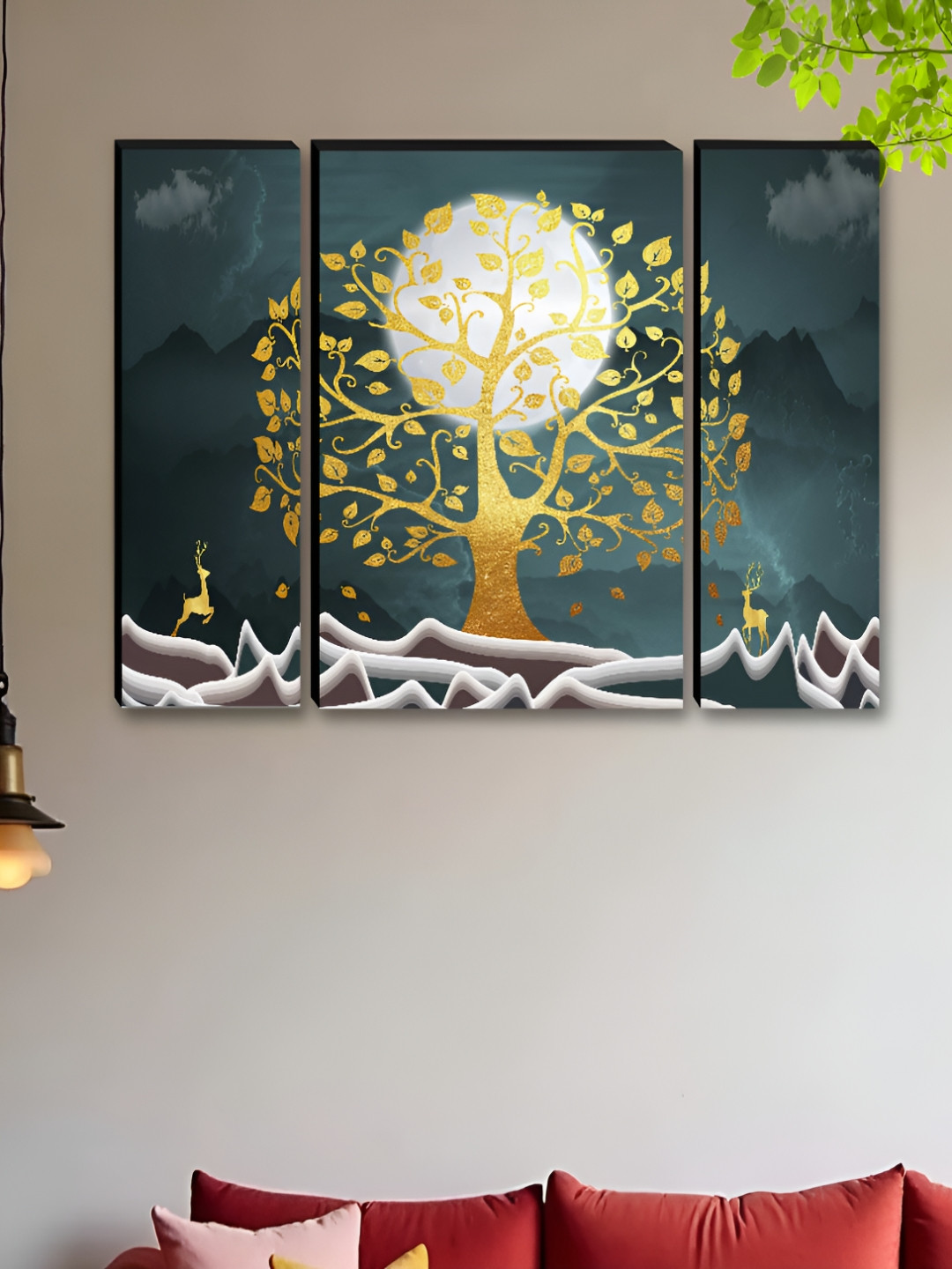 Livin'luxe Set of 3 MDF Golden Tree & Deer Landscape Wall Art