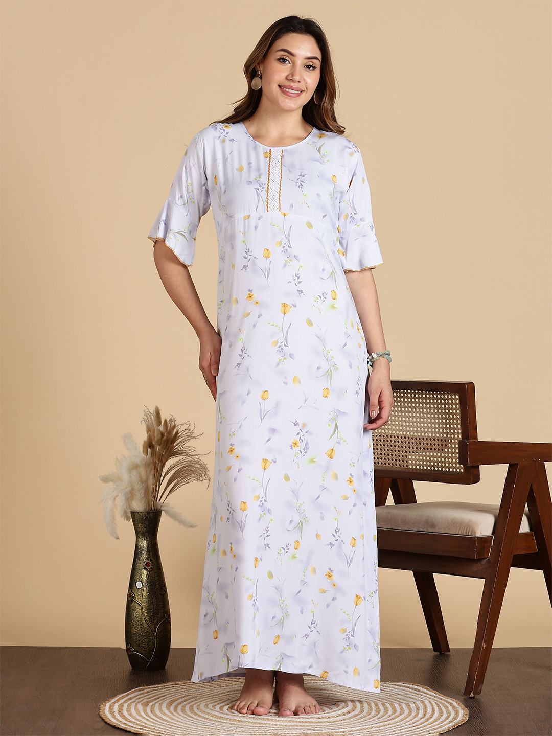 9shines Label Printed Round Neck Maxi Nightdress