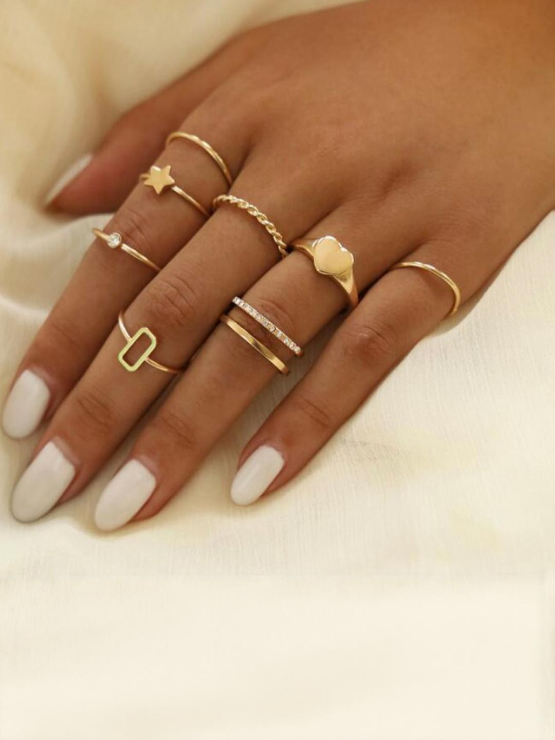 DressBerry Gold Plated Eight Piece Diamond Star Heart Cross Chain Ring Set