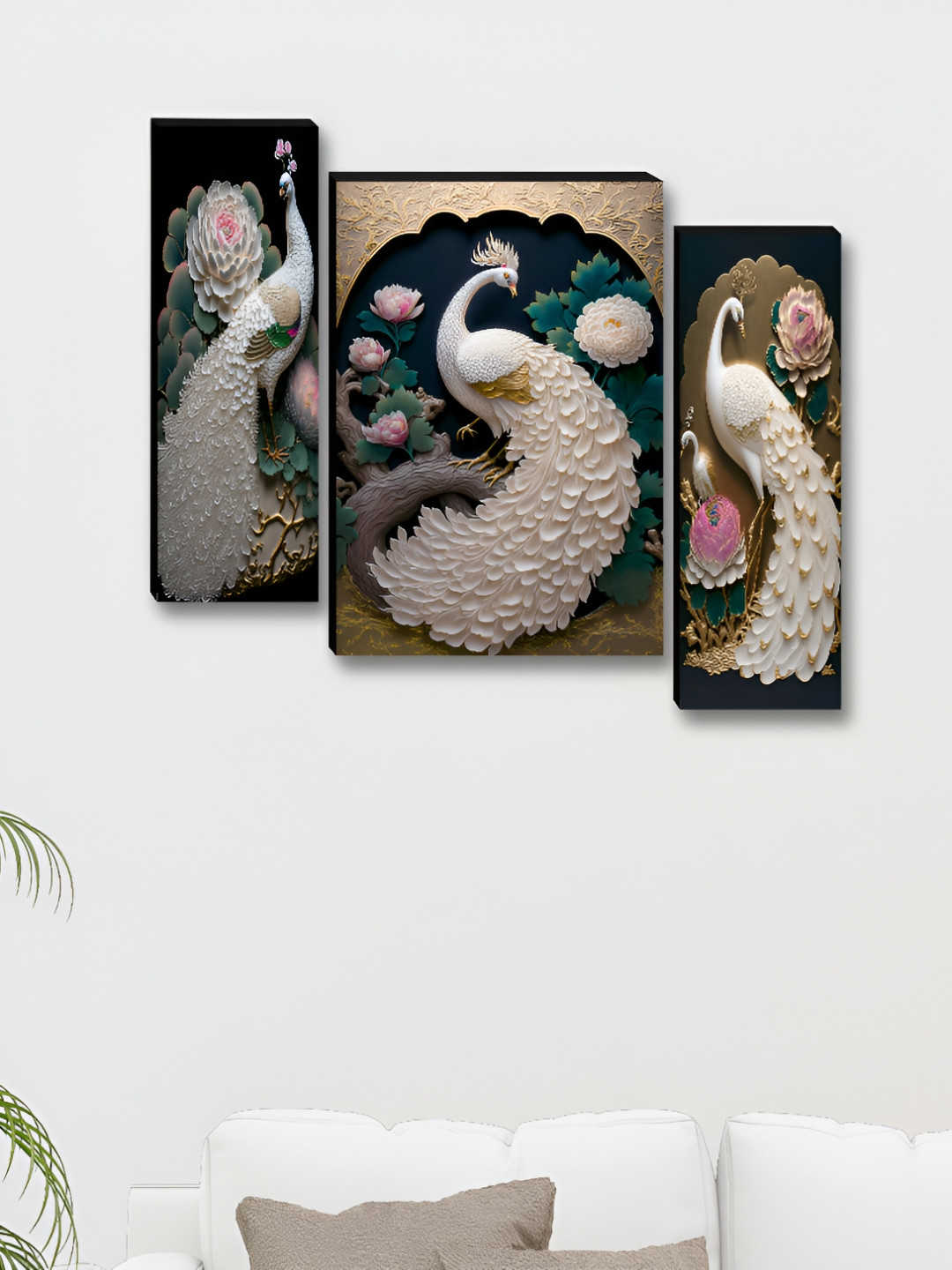 Livin'luxe Set of 3 MDF Panels Modern Gold And White Peacock Wall Painting