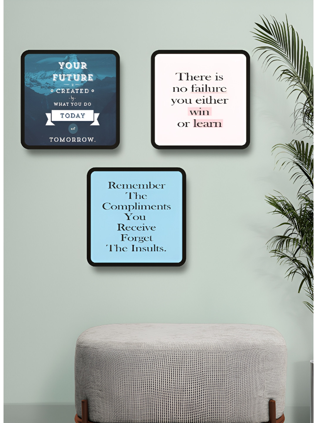 Livin'luxe Set of 3 Black & Blue Piece Motivational Quotes Black Framed Wall art