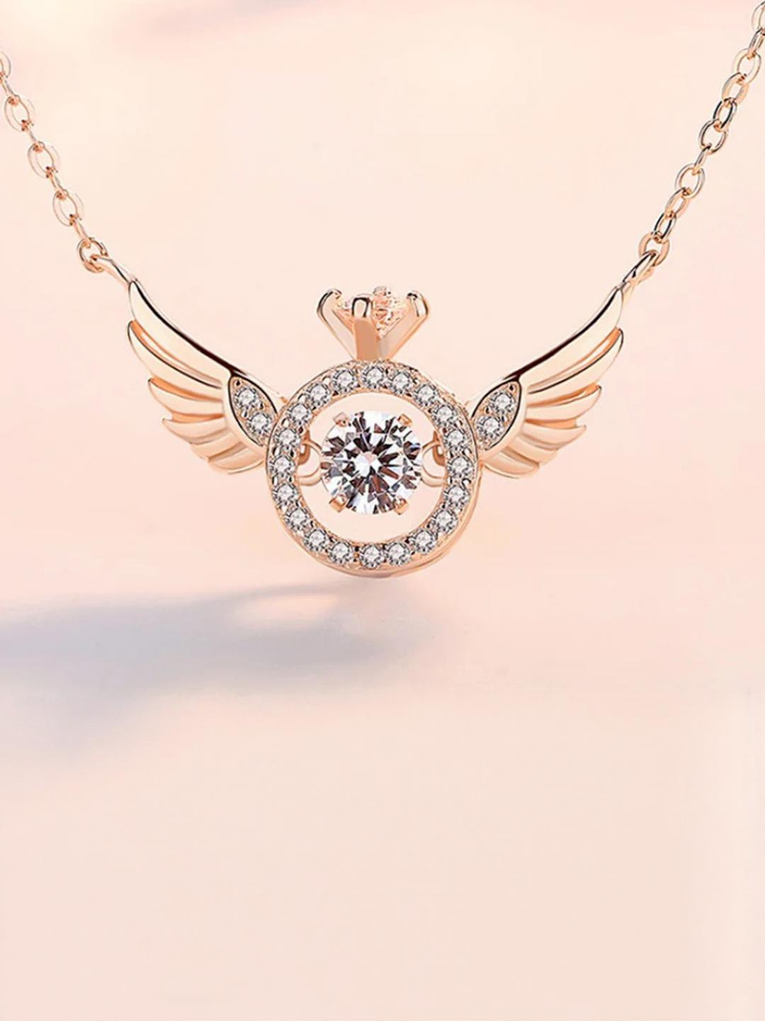 DressBerry Women Rose Gold-Plated Angel Wings Moving Crystal Necklace