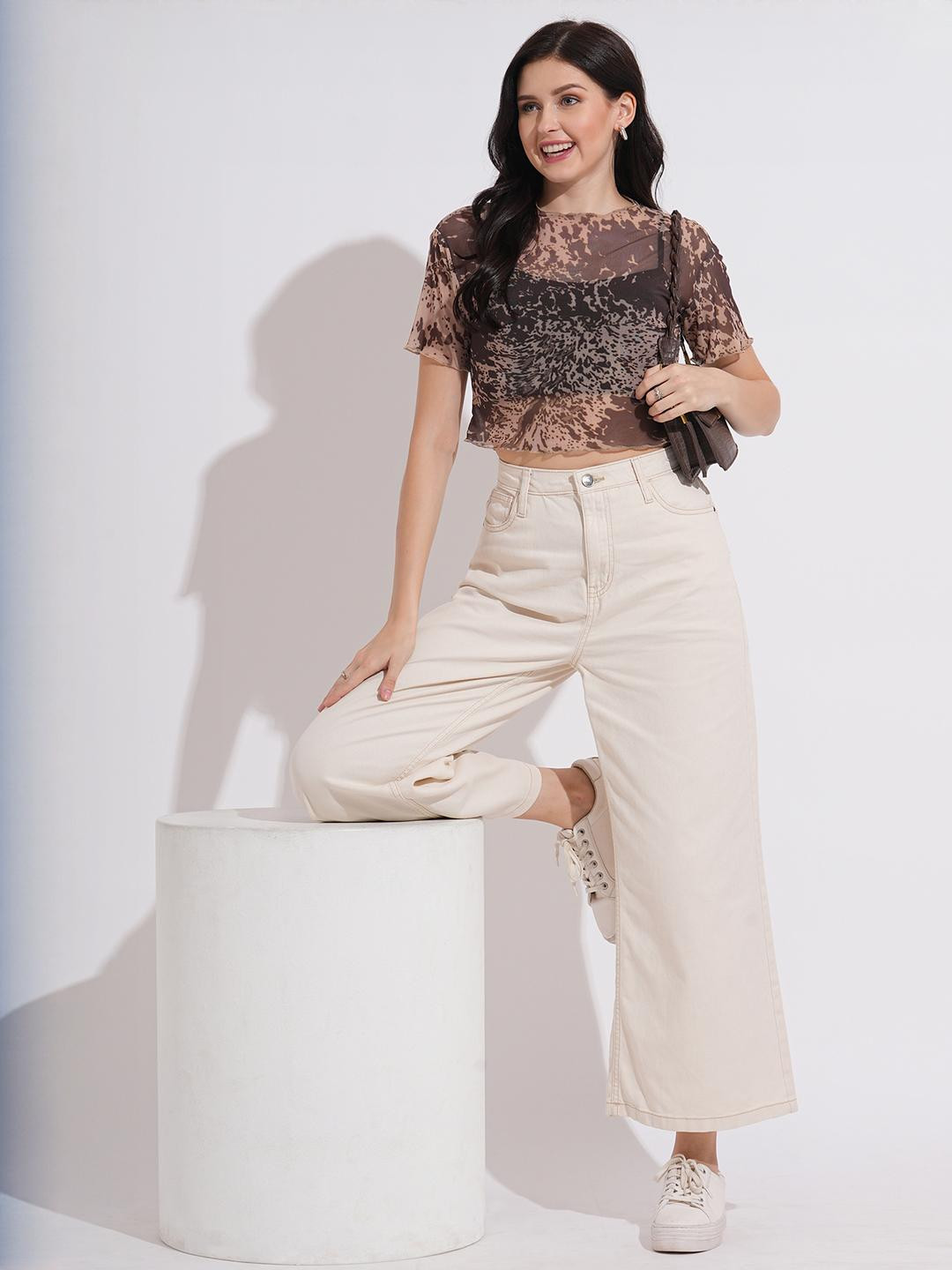 Murcia Animal Print Sheer High Neck Crop Top