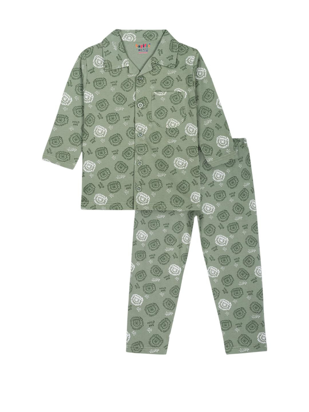 toyific Kids Green Printed Cotton Night suit