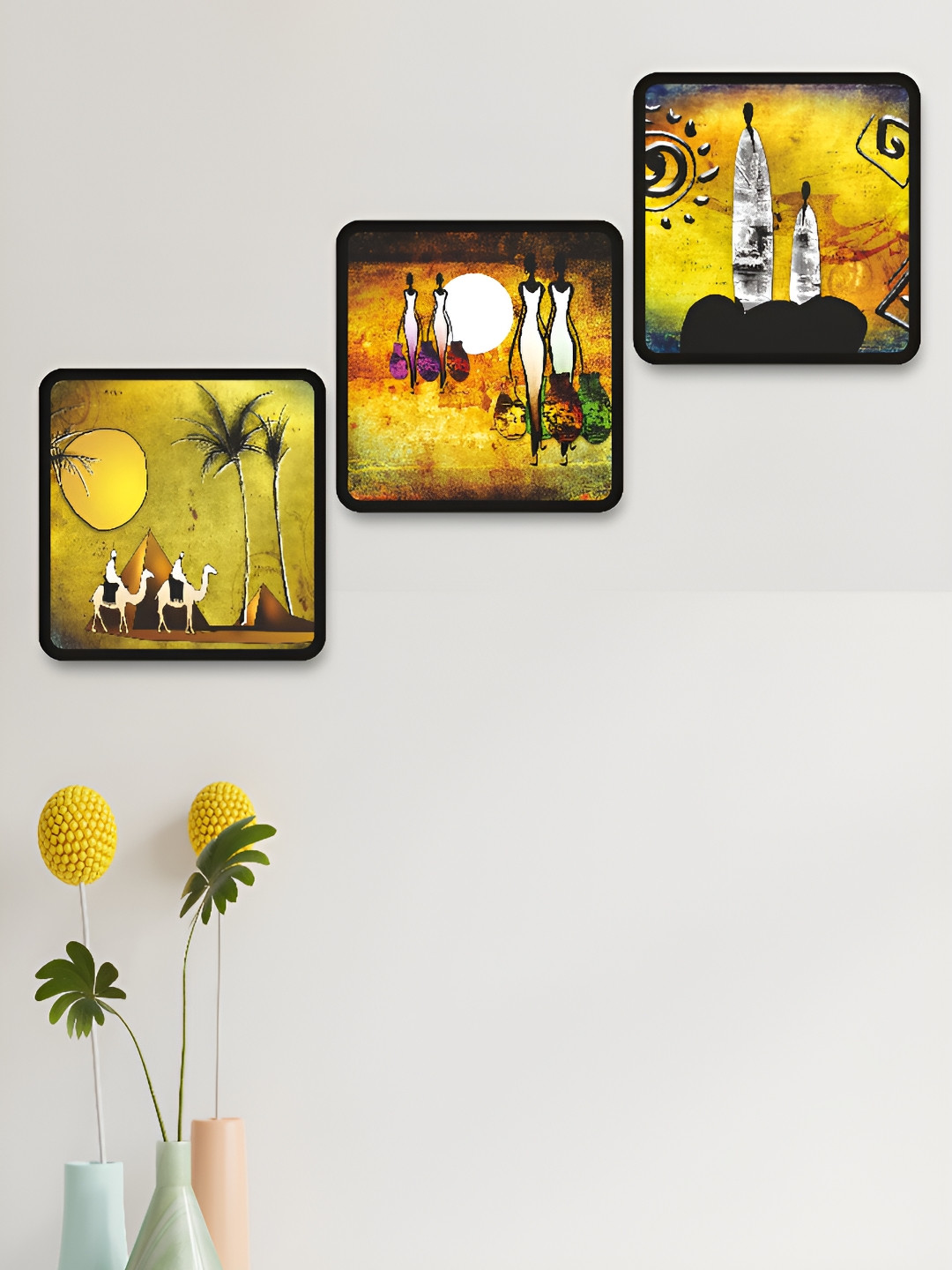 Livin'luxe Yellow & Black 3 Pieces Desert Camel Tribal Theme Wall Arts