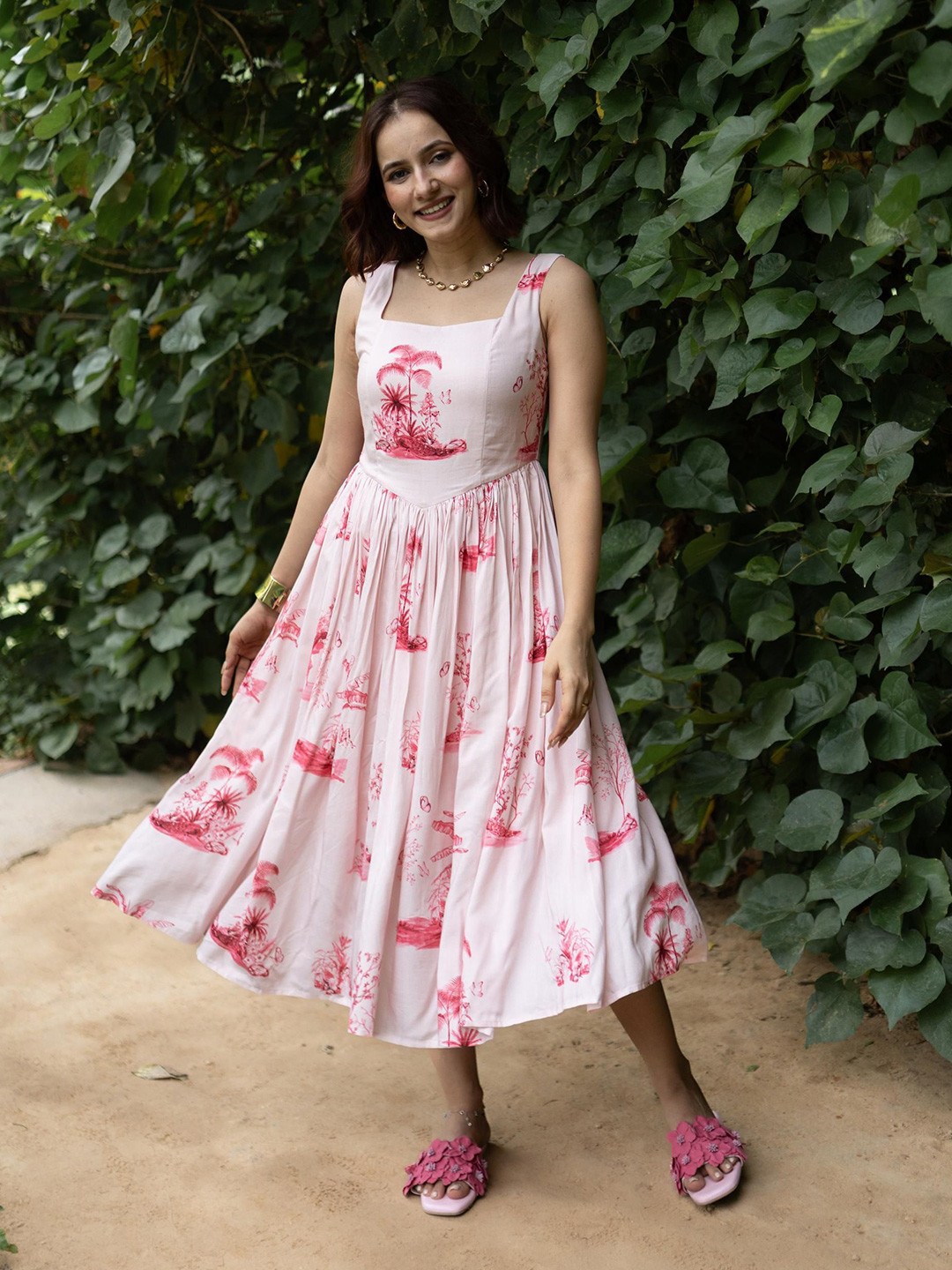 MODA-Q Women Tropical Printed Square Neck Gathered or Pleated Fit & Flare Midi Dress