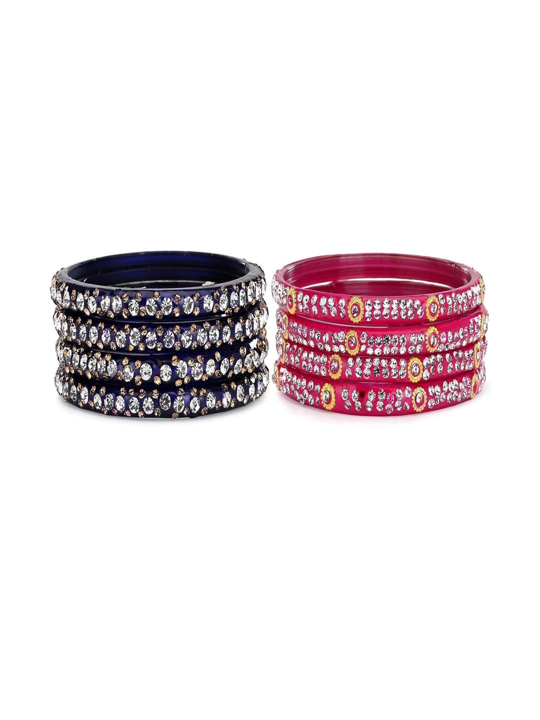 SOMIL Set Of 8 Blue And Pink Glass Artificial Stones and Beads Bangles