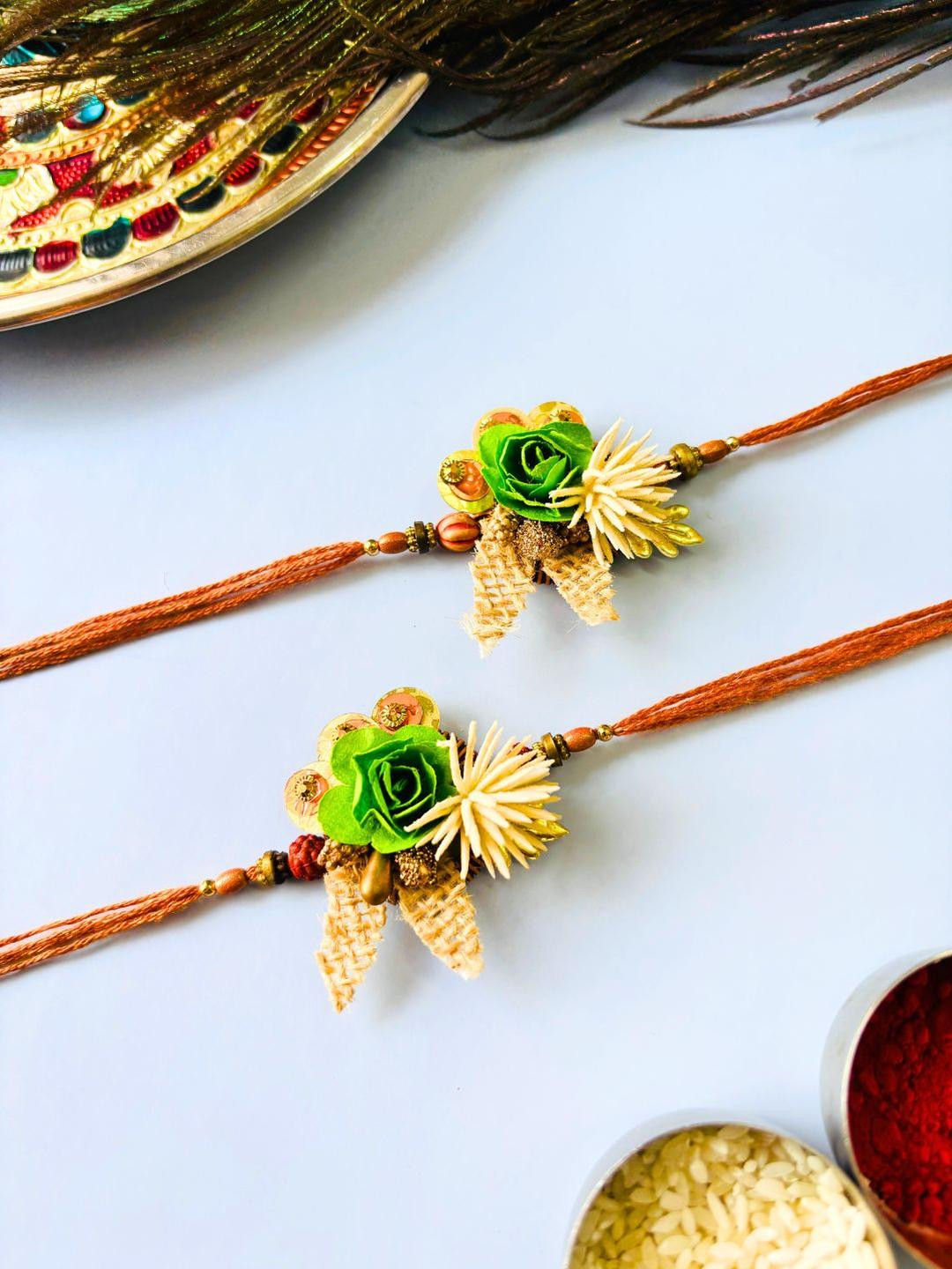 Anouk Green Pack of 2 Floral Traditional Handmade Rakhi Set