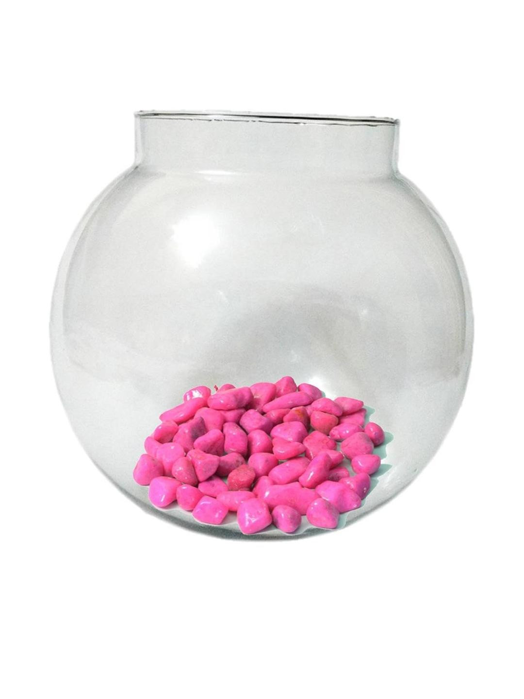 Somil Transparent Round Decorative Glass Fish Pot with Pink Stones -10 Inch