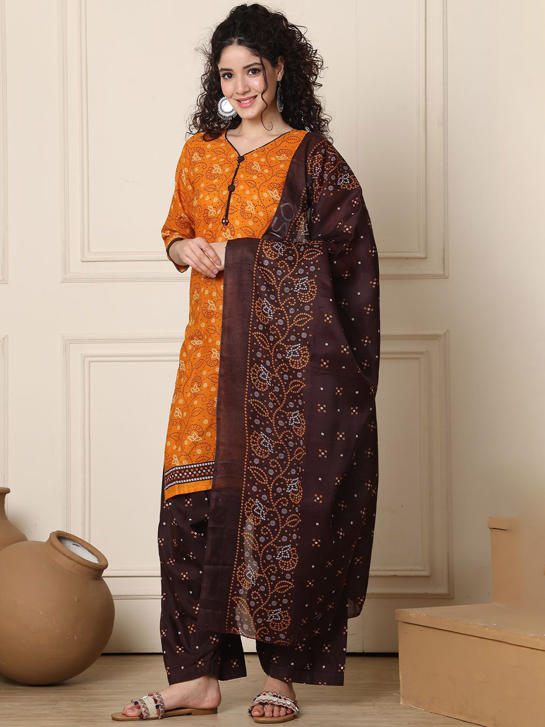 Roly Poly Bandhani Printed V-Neck Straight Kurta With Salwar And Dupatta
