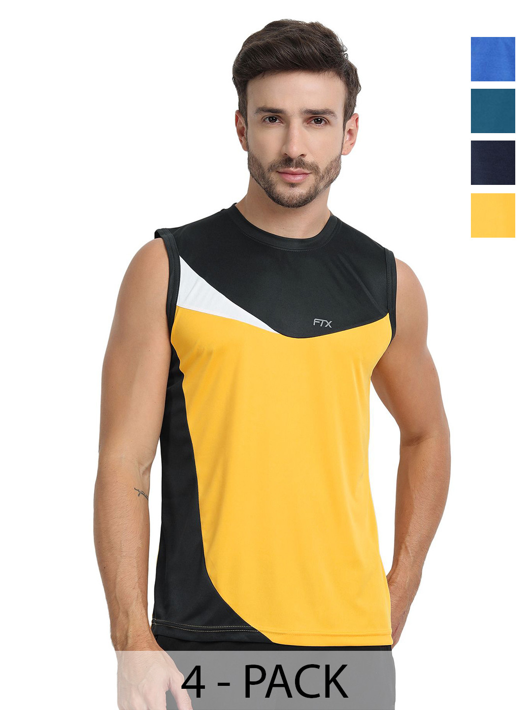 FTX Men Pack of 4 Dri-FIT Colourblocked Round Neck T-shirts