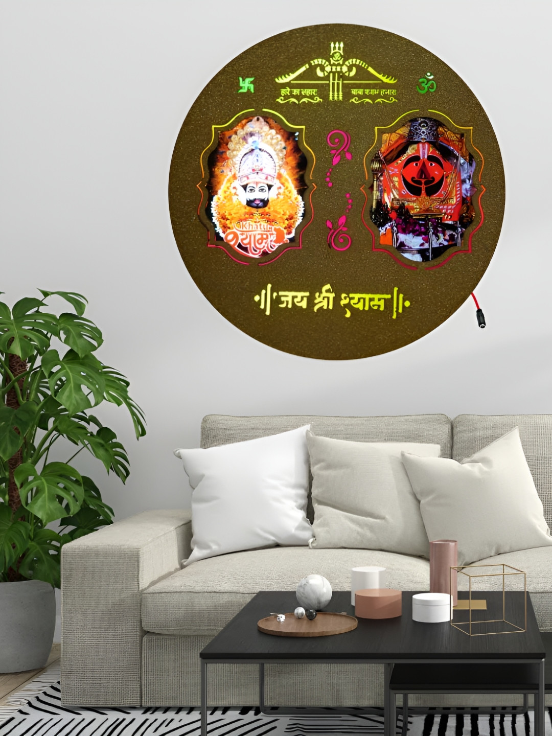 SHRI KHATU SHYAM CREATION Brown & Yellow Religious Round Wall Art With Back Light