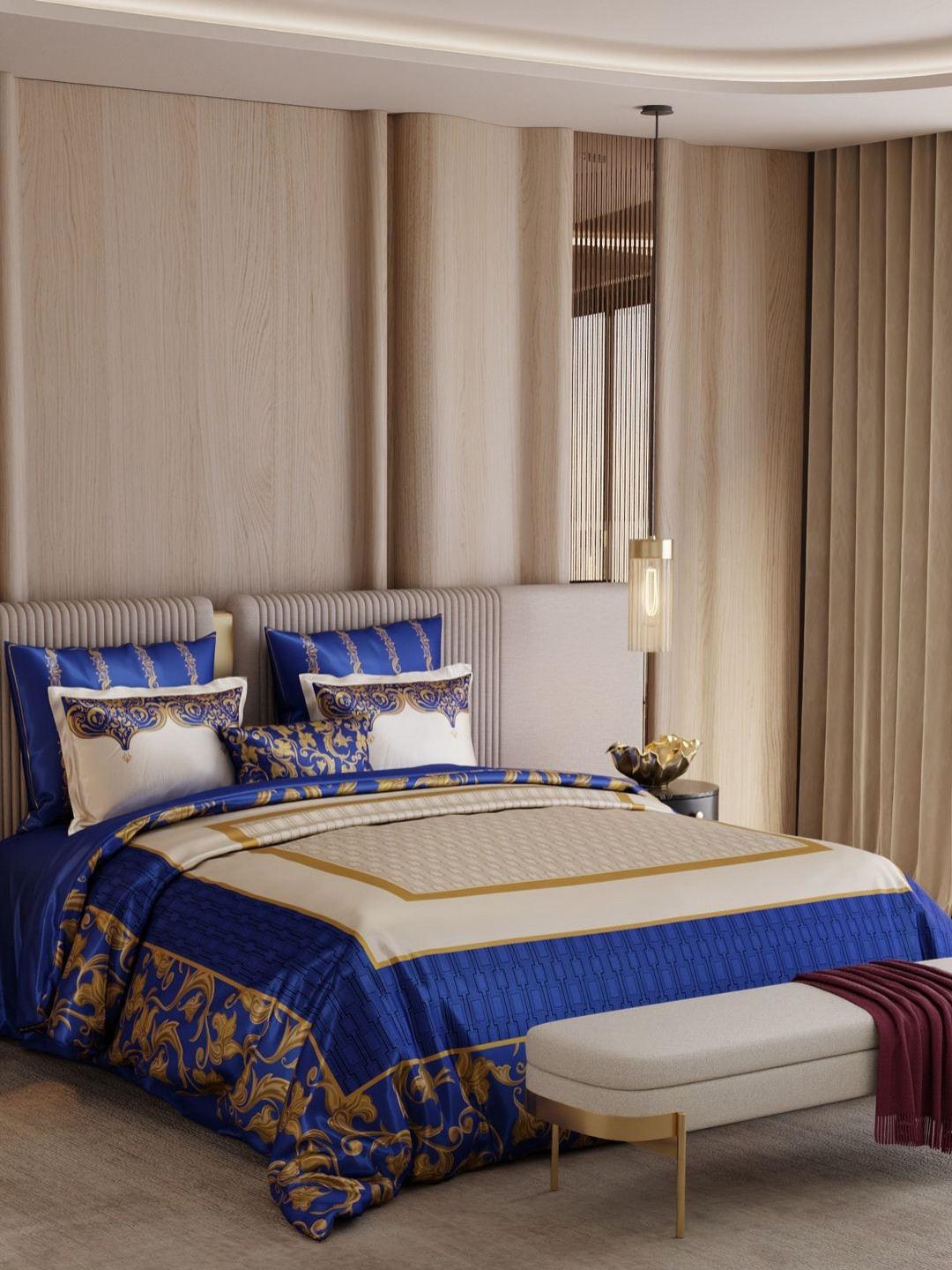 Stoa Paris Blue & Cream-Coloured Ethnic Motifs Other 7 Piece Double Extra Large Superfine Bedding Set
