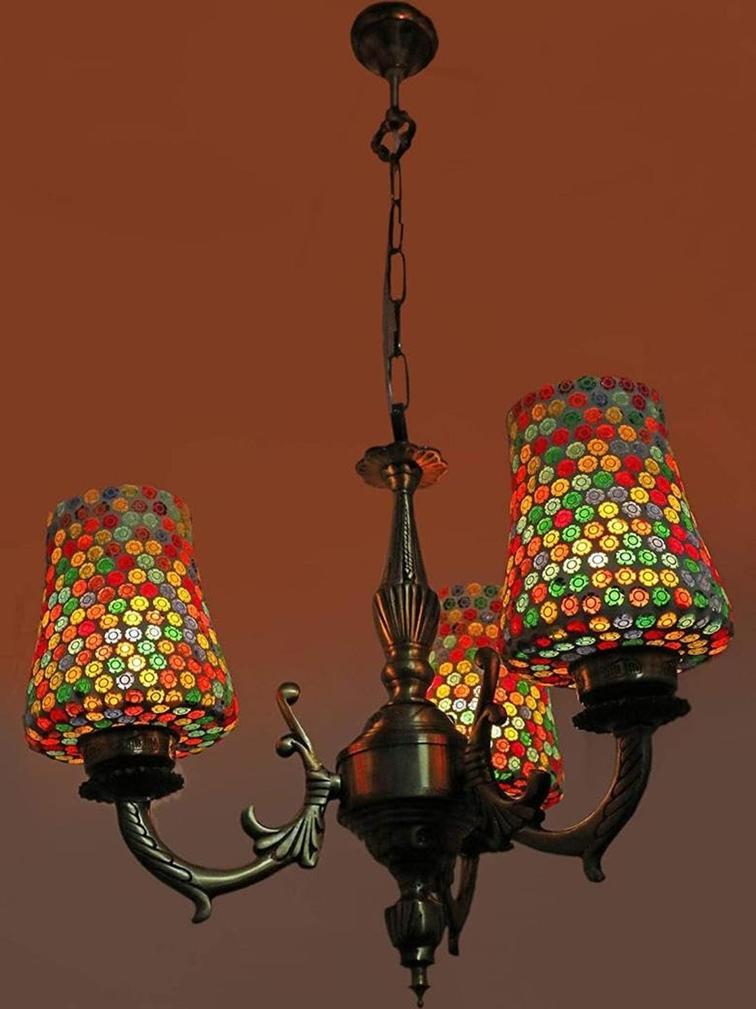 Somil Antique 3-Light Chandelier with Mosaic Glass Shades, Multicolour Lighting Effect, Metal Fitting. LED Compatible. Dia: 48 X 48 X 100 Cm.