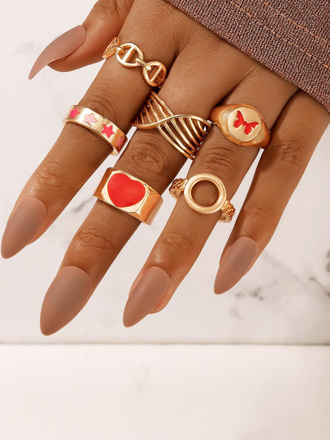 DressBerry Red Color Dripping Oil Love Star, Heart and Butterfly Ring 6 Pcs Ring Set