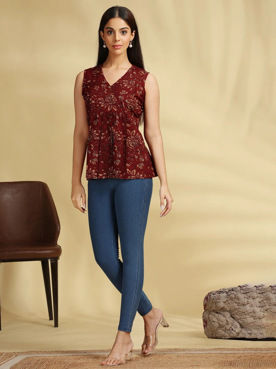 COTTON CULTURE Maroon Jaipuri Cotton Printed Short Top
